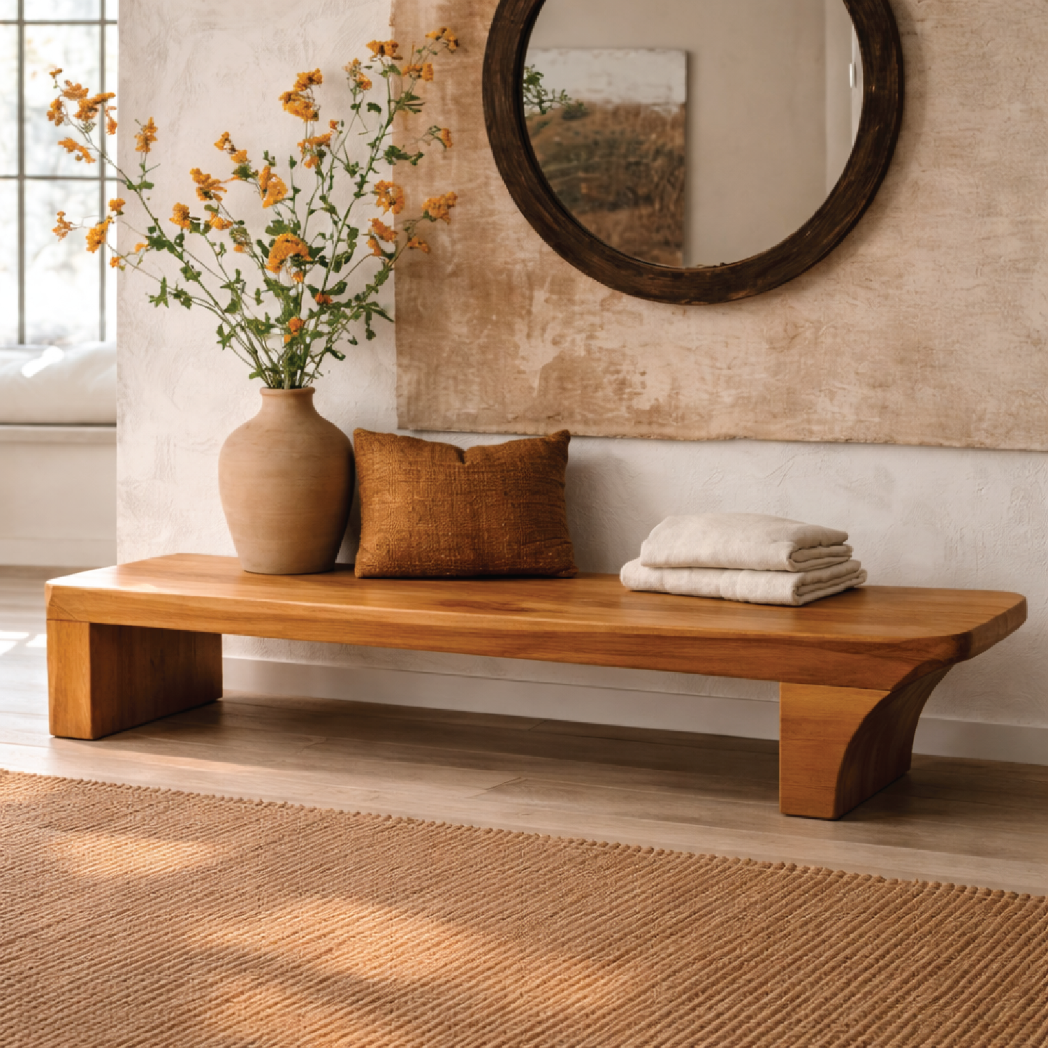 Solid Wood Low Profile Bench, Minimalist Modern Entryway Seating