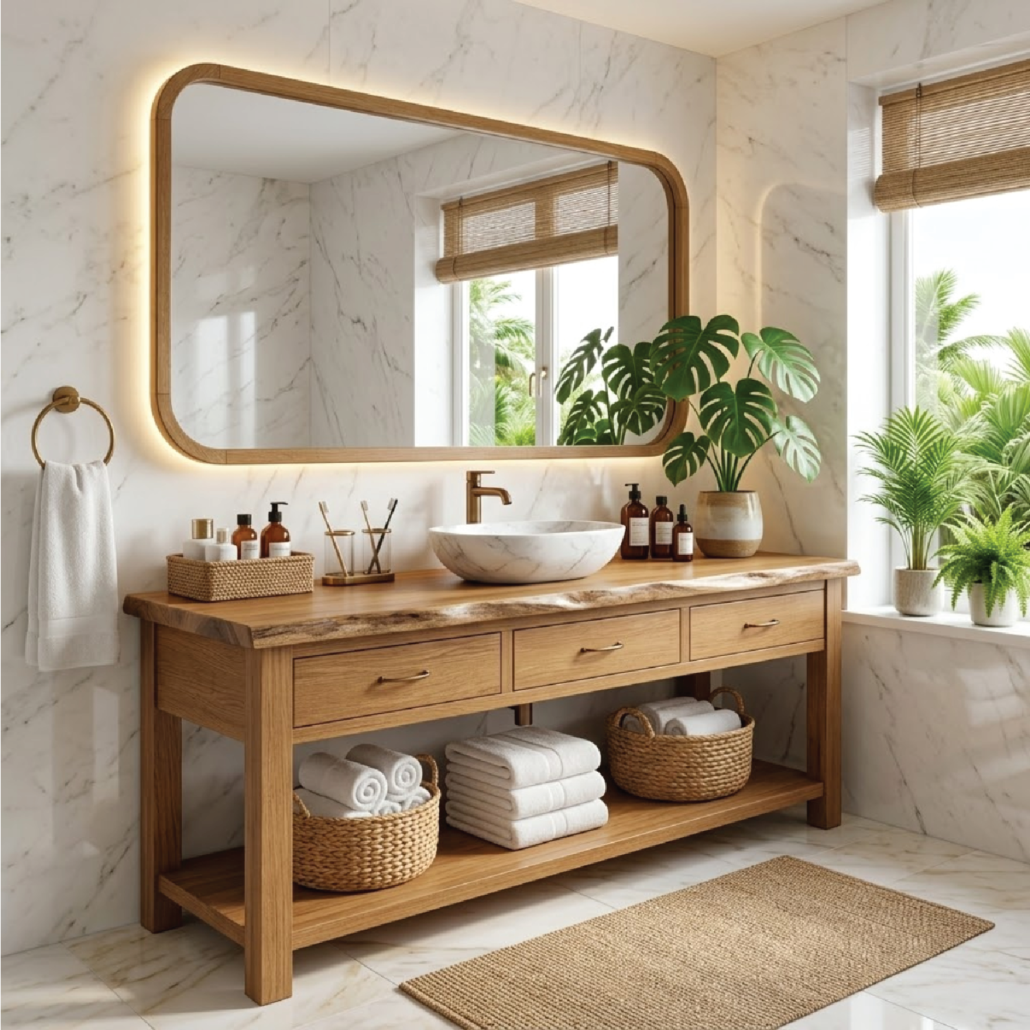 Elegant Wooden Bathroom Vanity with Spacious Storage and Marble Sink