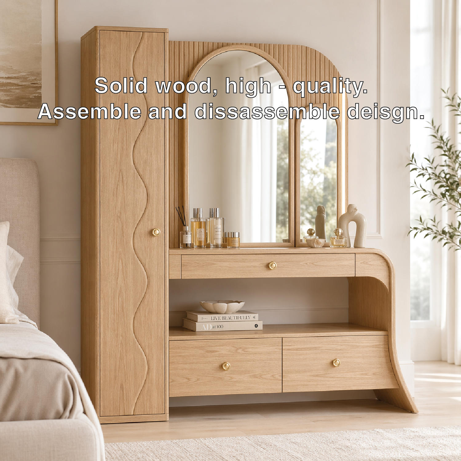 Modern Makeup Vanity Desk With Storage Cabinet Mirror Dressing Table Bedroom Set