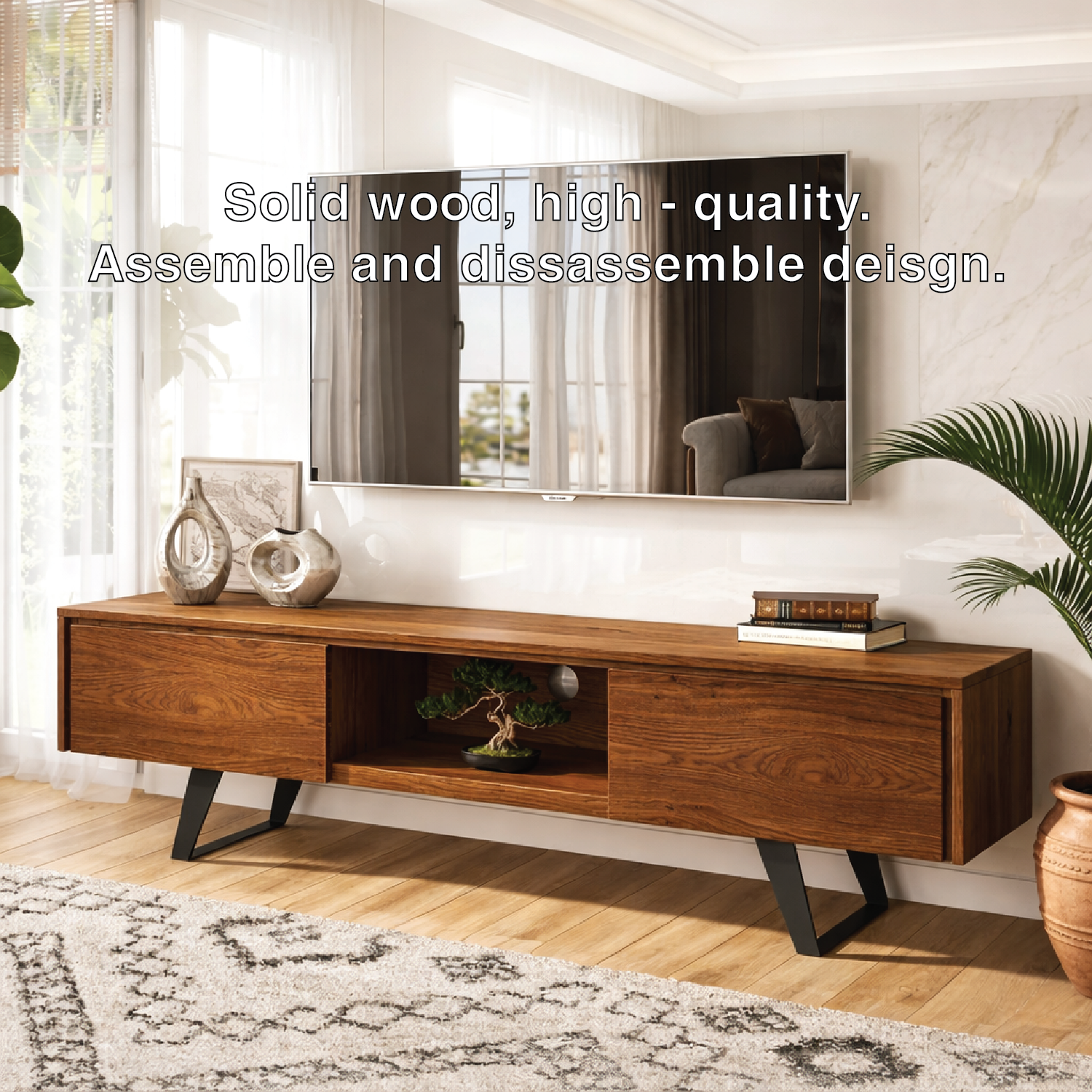 Solid Wood TV Stand with Storage, Open Shelf Media Console Cabinet