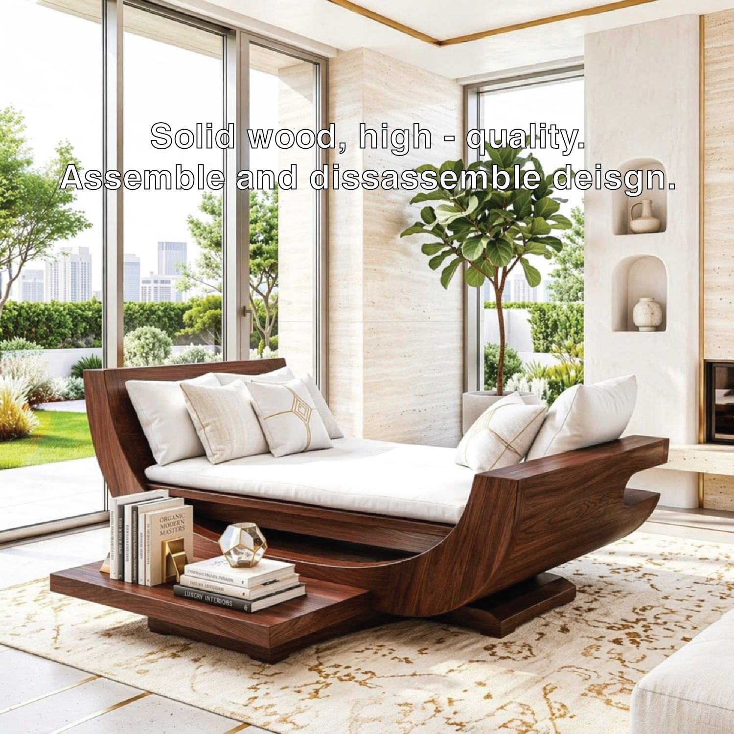 Modern Wooden Chaise Sofa, Minimalist Lounge Daybed with Built-In Bookshelf Couch