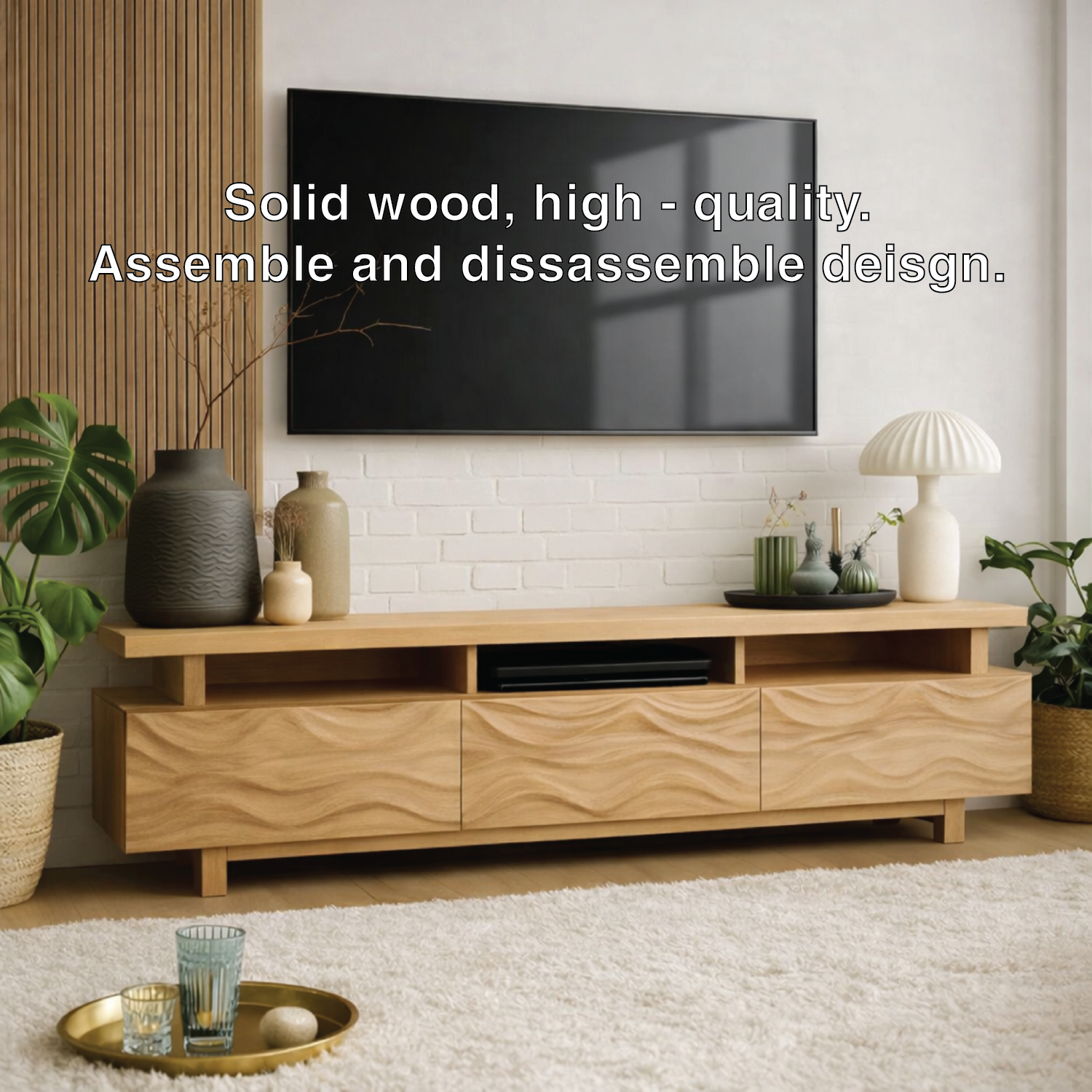 Mid Century Solid Wood TV Stand Long Media Console Modern Entertainment Cabinet