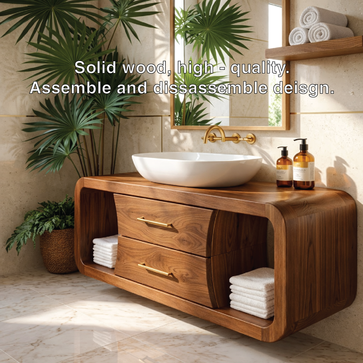 Modern Solid Wood Bathroom Vanity with Curved Frame and Open Shelf Storage