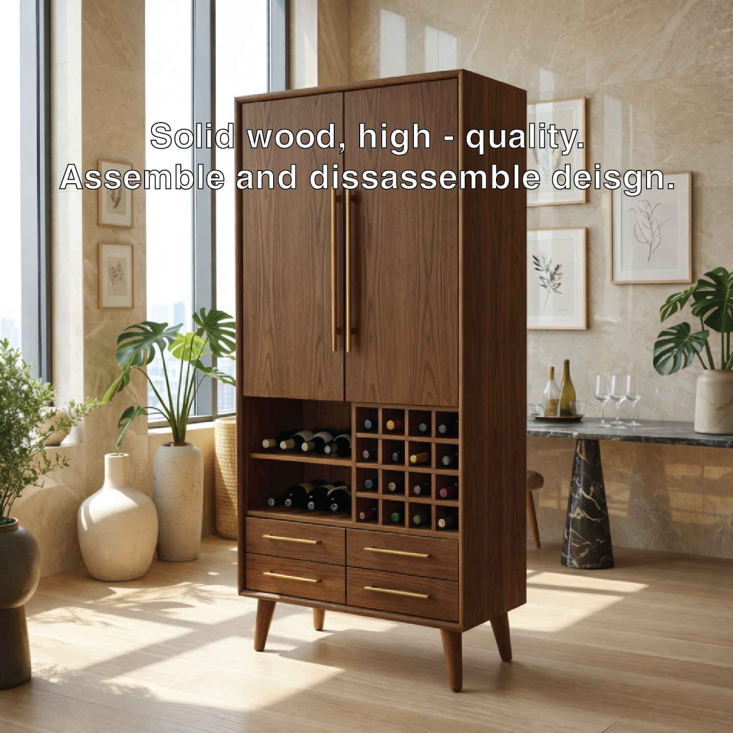 Modern Wine Cabinet with Bottle Rack, Drawers and Tall Concealed Bar Storage