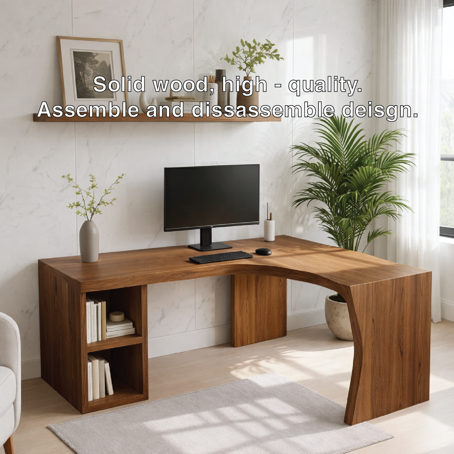 Modern L-Shaped Solid Wood Desk with Live Edge Corner Design – Walnut Home Office Workstation