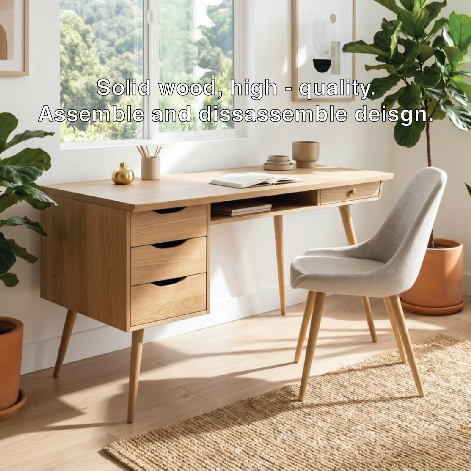 Mid Century Modern Desk with Drawers Storage Home Office Writing Table Solid Frame