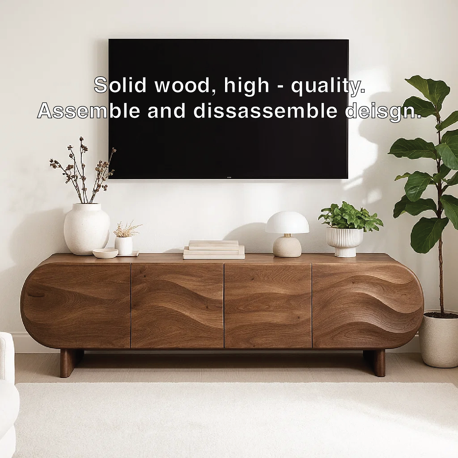 Modern Curved Wood TV Stand Long Media Console Storage Cabinet Low Profile Entertainment Center