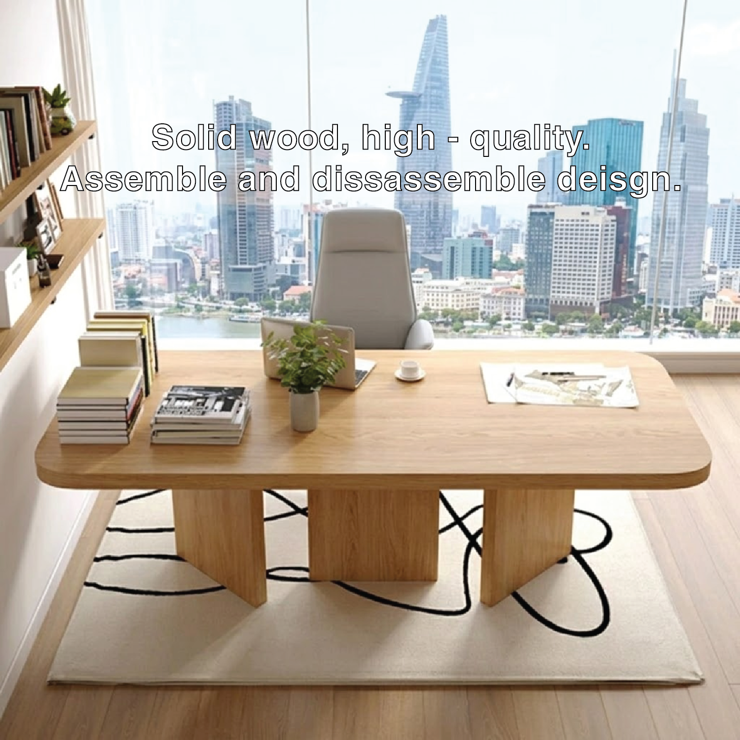 Modern Executive Desk with Rounded Corners, Large Minimalist Office Writing Table