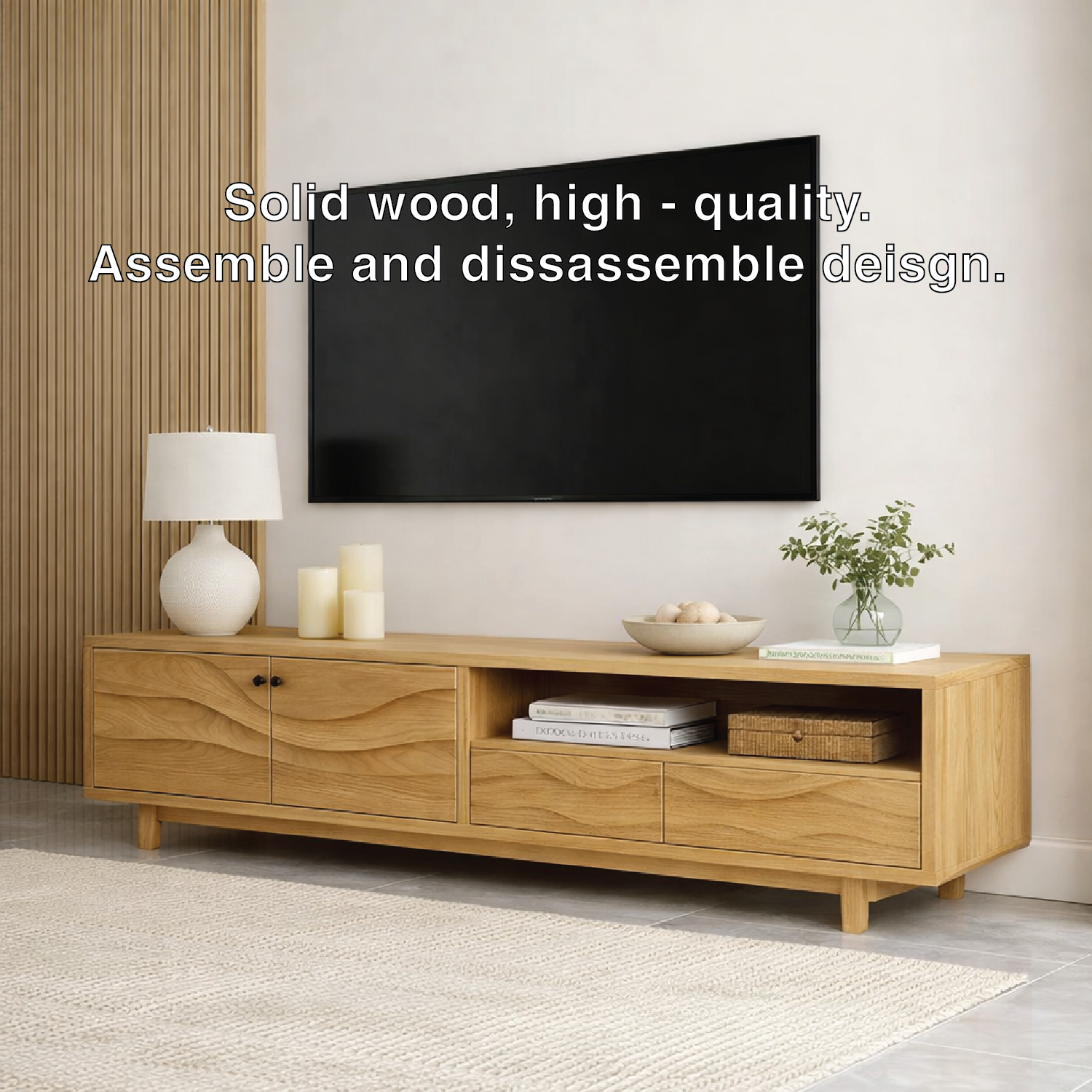 Mid Century Solid Wood TV Stand Long Media Console Modern Entertainment Cabinet