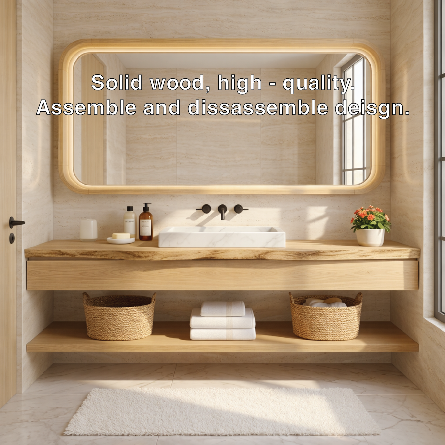 Natural Wood Floating Vanity with Round Mirror and Black Faucets