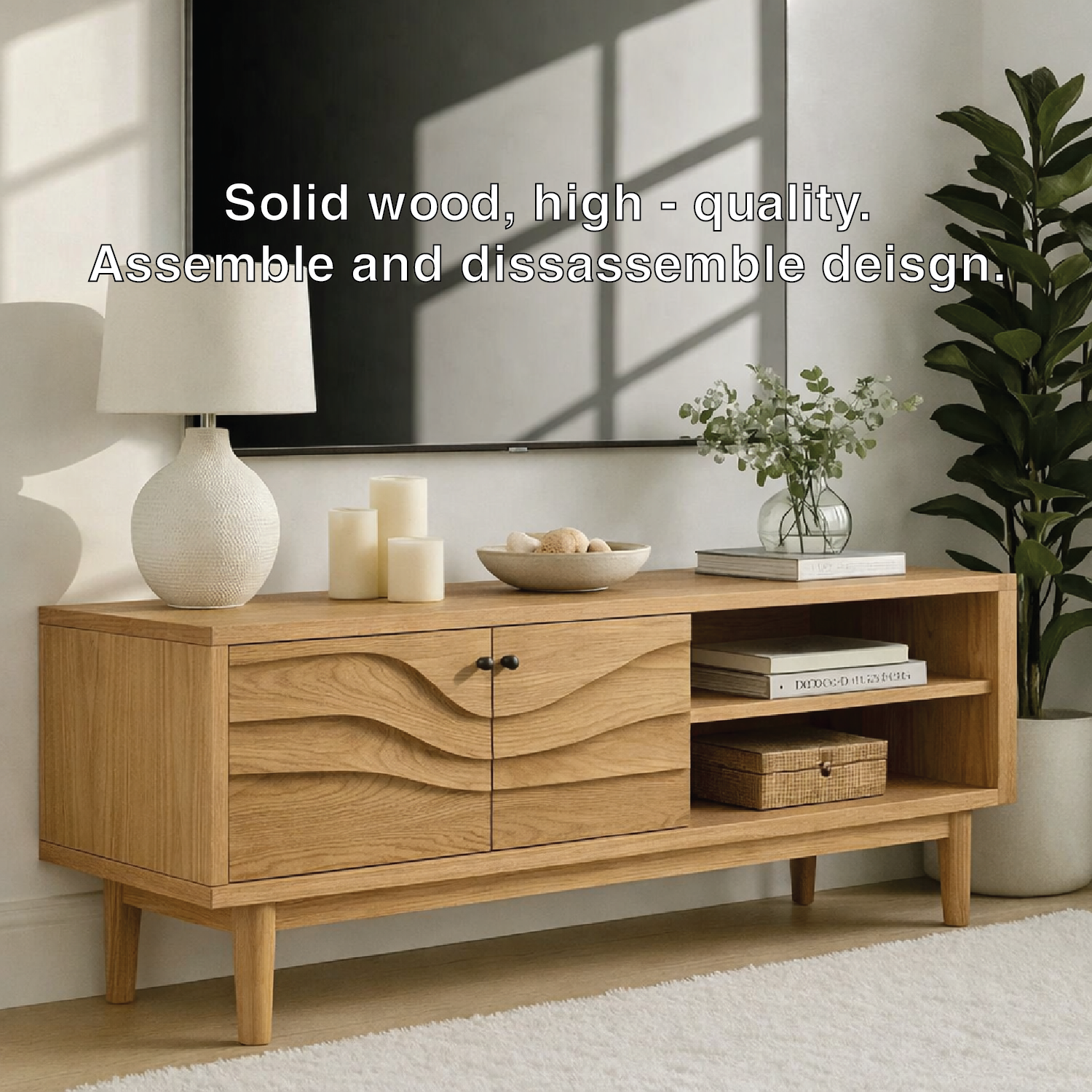 Mid Century Solid Wood TV Stand Wave Front Media Console Modern Entertainment Cabinet