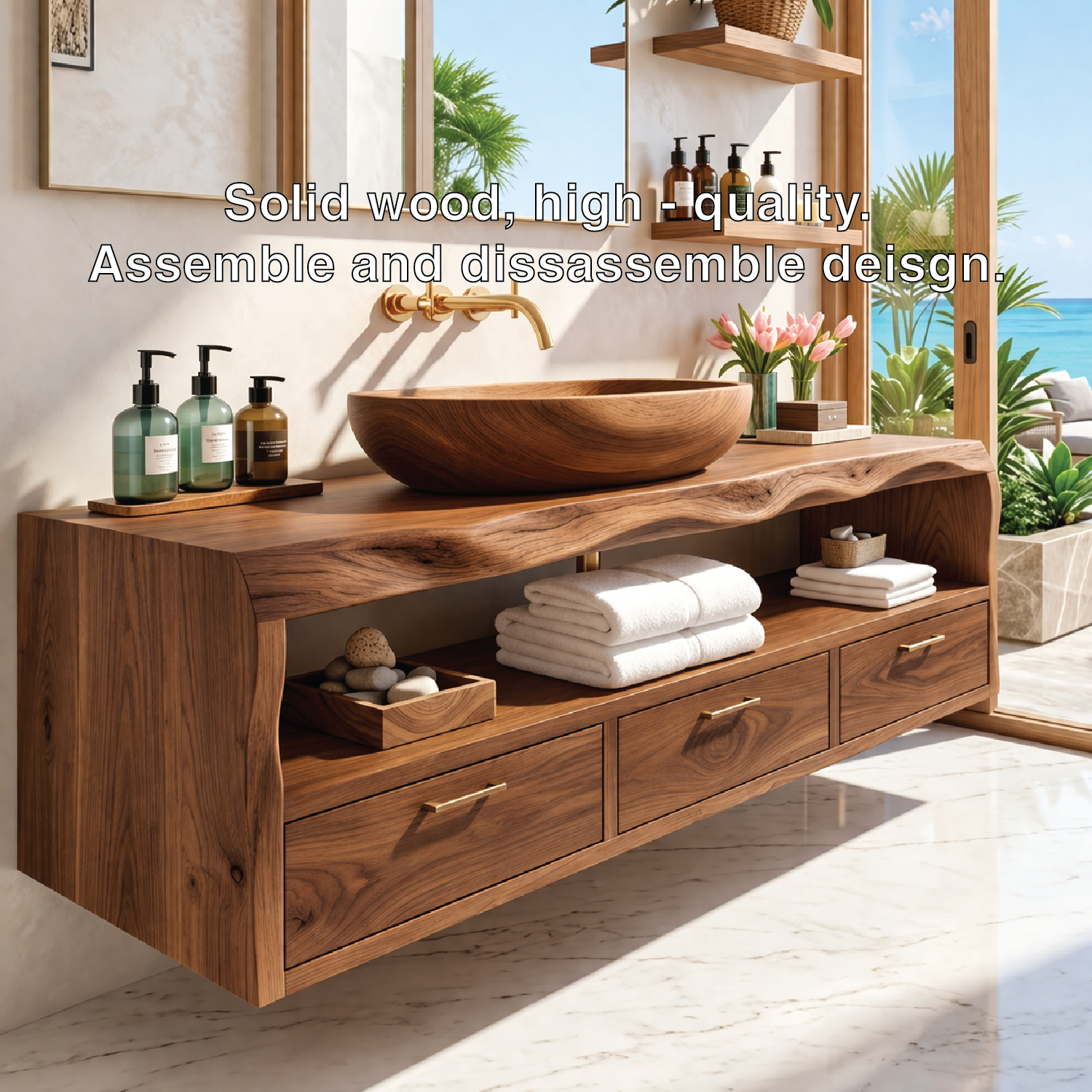 Modern Solid Wood Bathroom Vanity with Floating Drawers and Open Shelf Storage