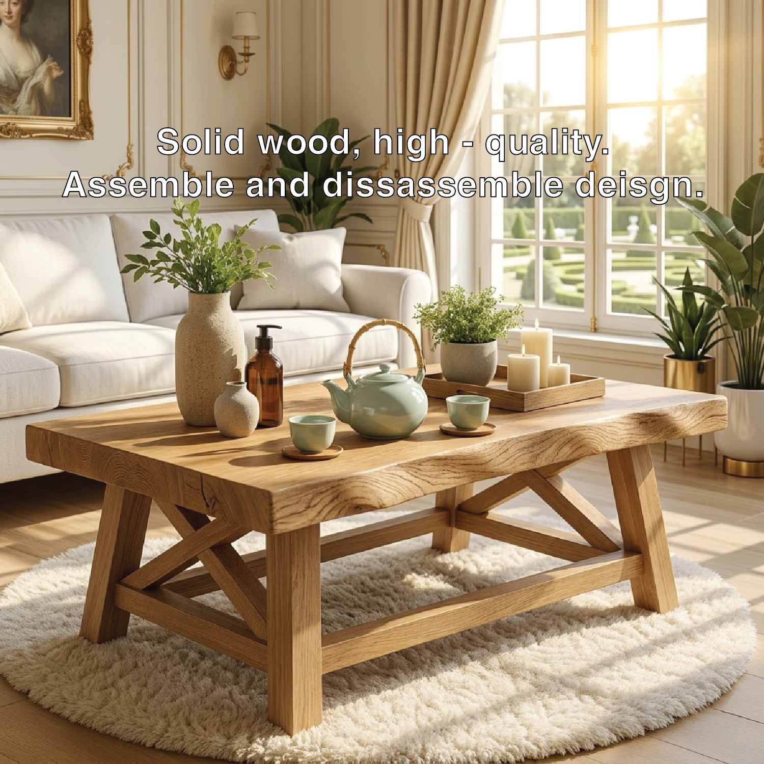 Handcrafted Wooden Coffee Table with X-Shaped Support, Natural Rustic Finish