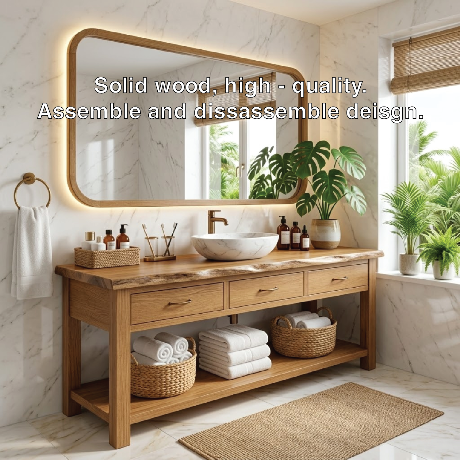 Elegant Wooden Bathroom Vanity with Spacious Storage and Marble Sink
