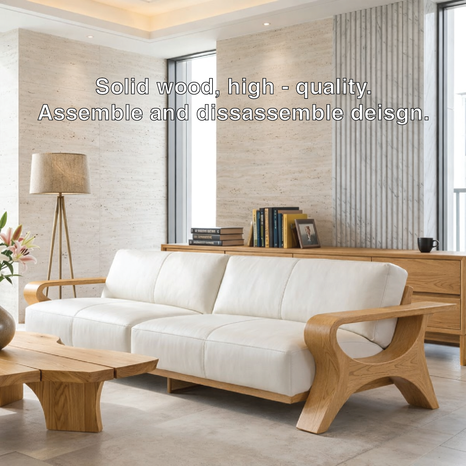 Modern Sculptural Solid Wood Sofa with White Leather Cushions Scandi Living Room Couch