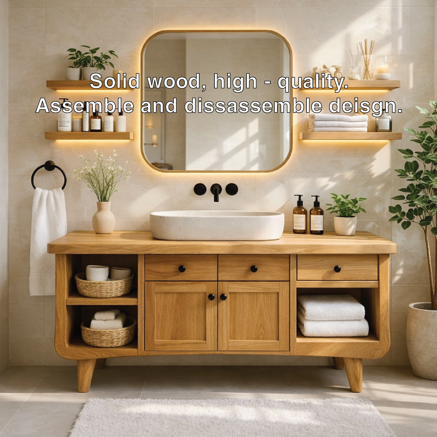 Modern Farmhouse Bathroom Vanity Cabinet With Drawers And Open Shelf Storage