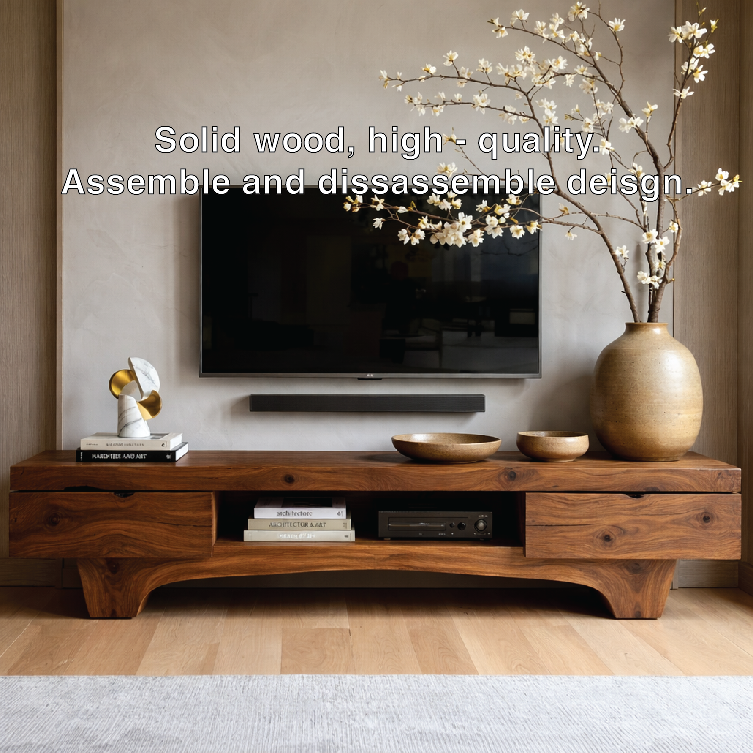 Solid Wood TV Stand with Drawers, Rustic-Modern Media Console Cabinet Centerpiece