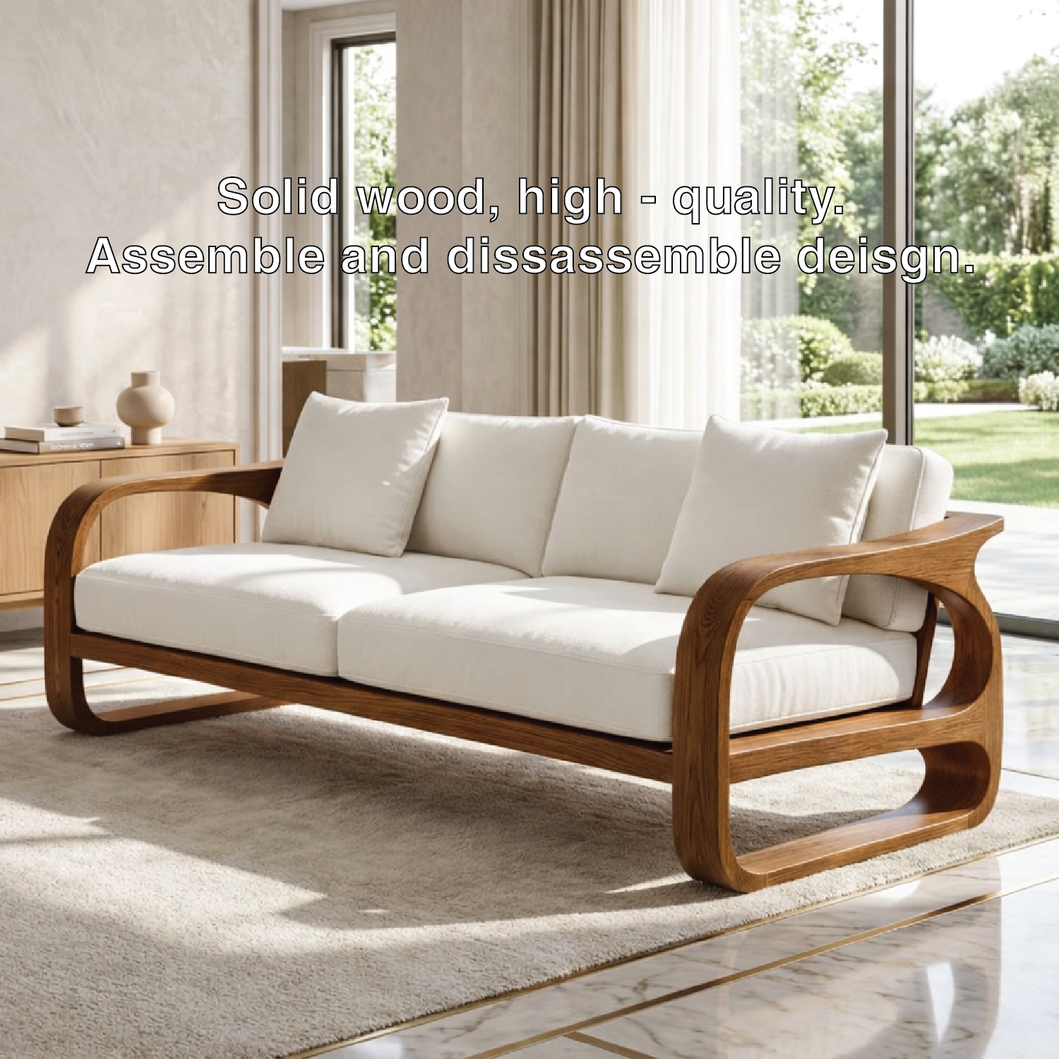 Modern Sculptural Solid Wood Sofa with White Fabric Cushions Luxury Scandi Couch