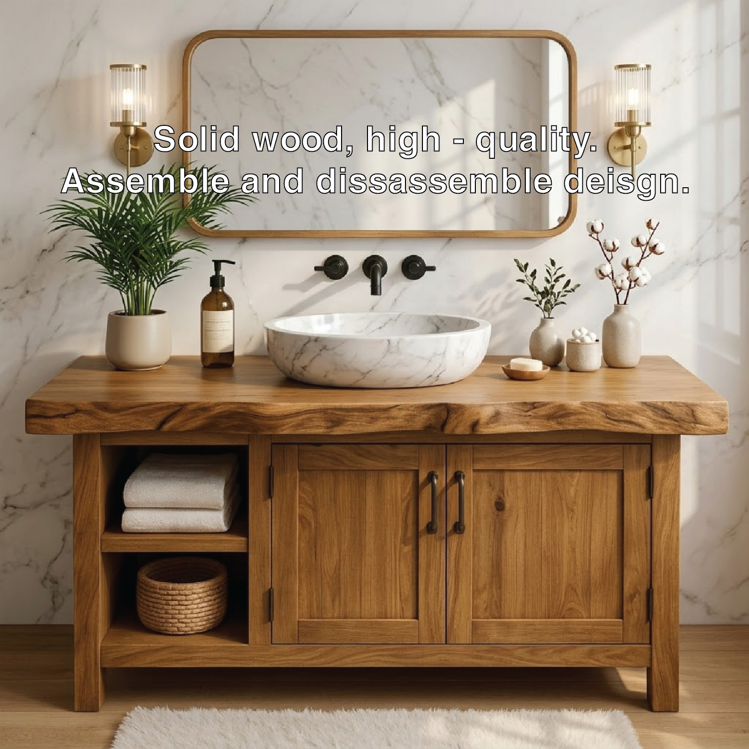 Handcrafted Solid Wood Bathroom Vanity with Live Edge Top and Farmhouse Rustic Design