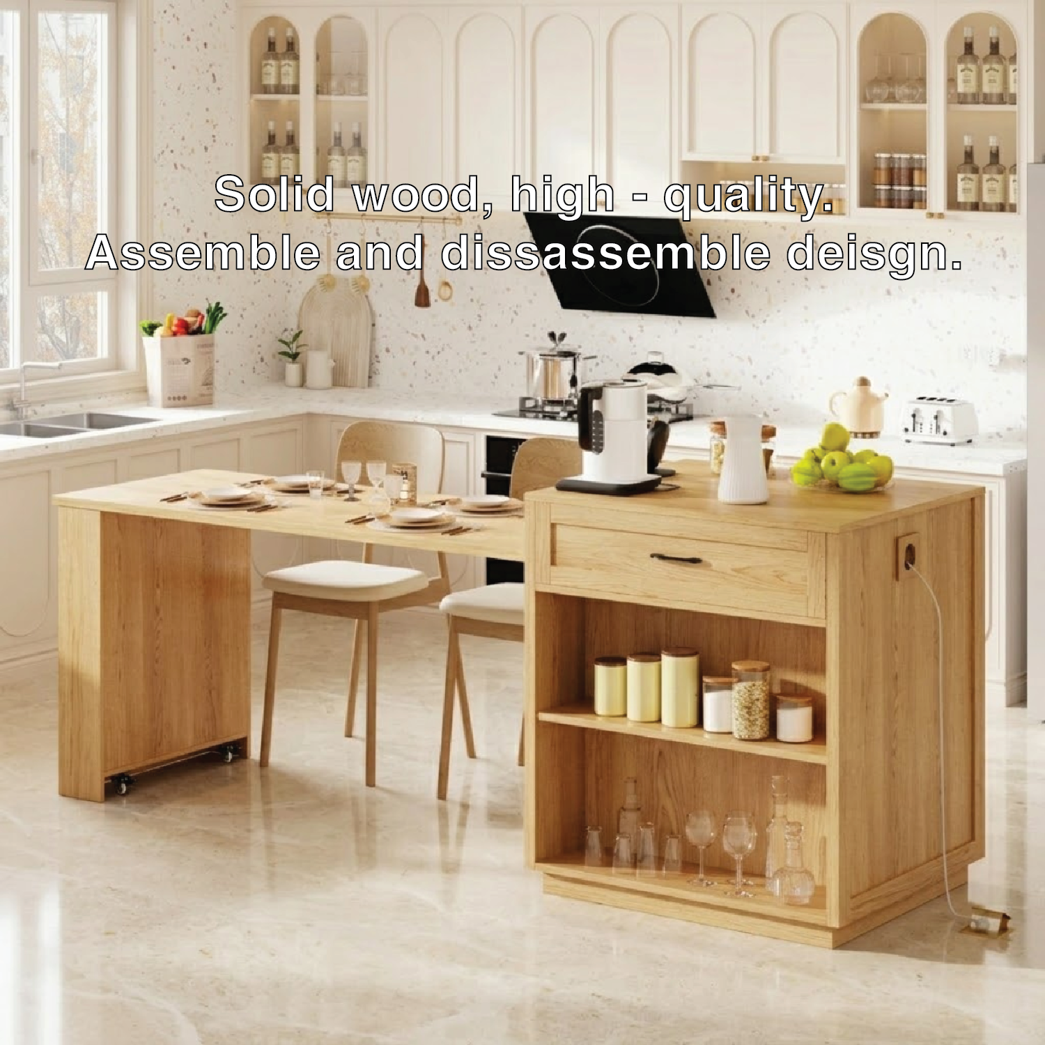 Rolling Kitchen Island with Extendable Dining Table, Storage Shelf, Modern Prep Cart Home