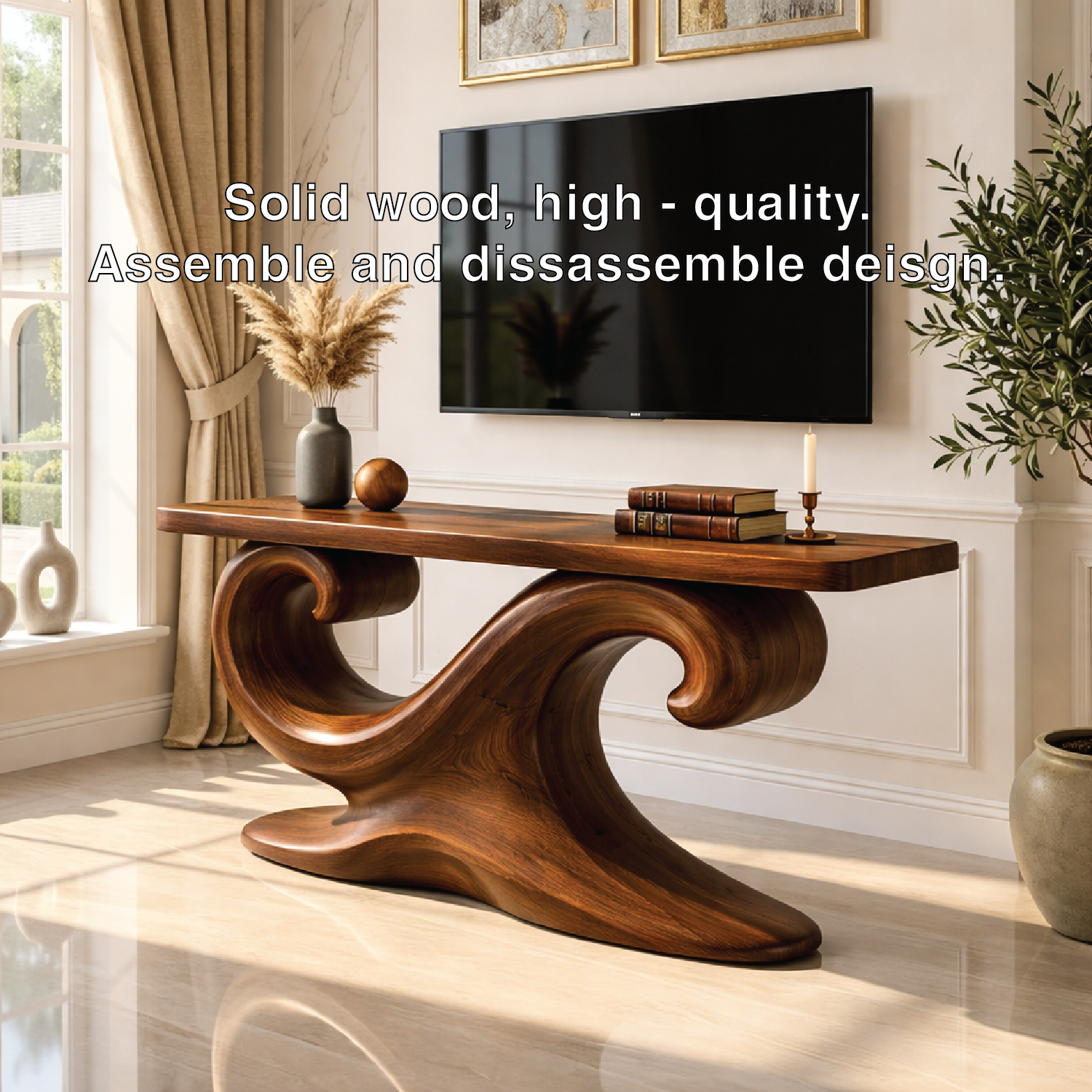 Solid Wood Console Table with Sculpted Curved Base, Artistic Modern Design