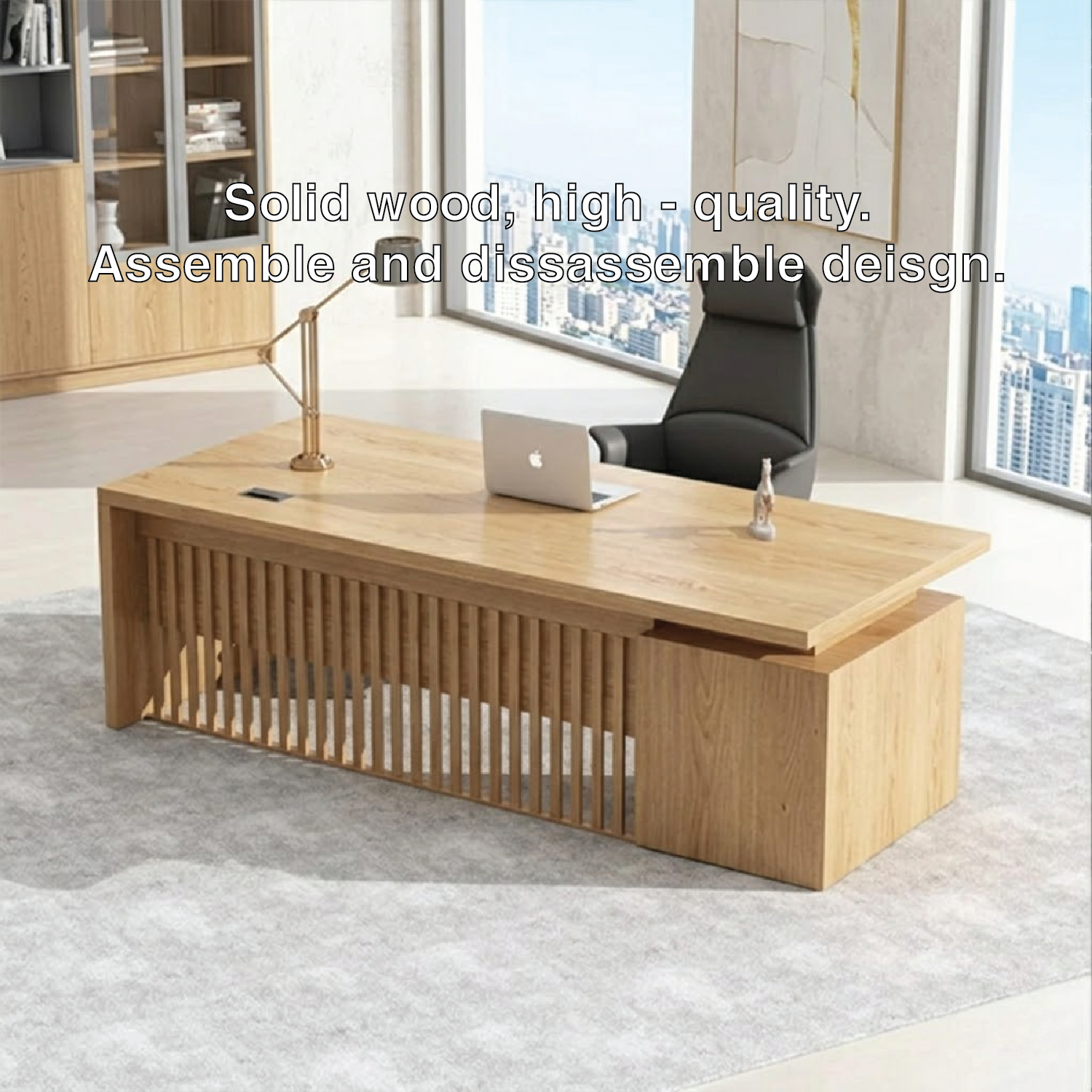Modern Executive Desk with Slatted Panel Base, Minimalist Home Office Workstation Desk