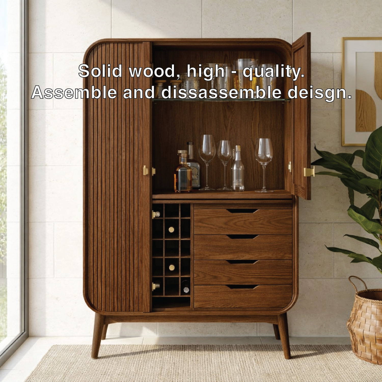 Modern Fluted Bar Cabinet with Wine Rack Drawers and Glass Display Storage