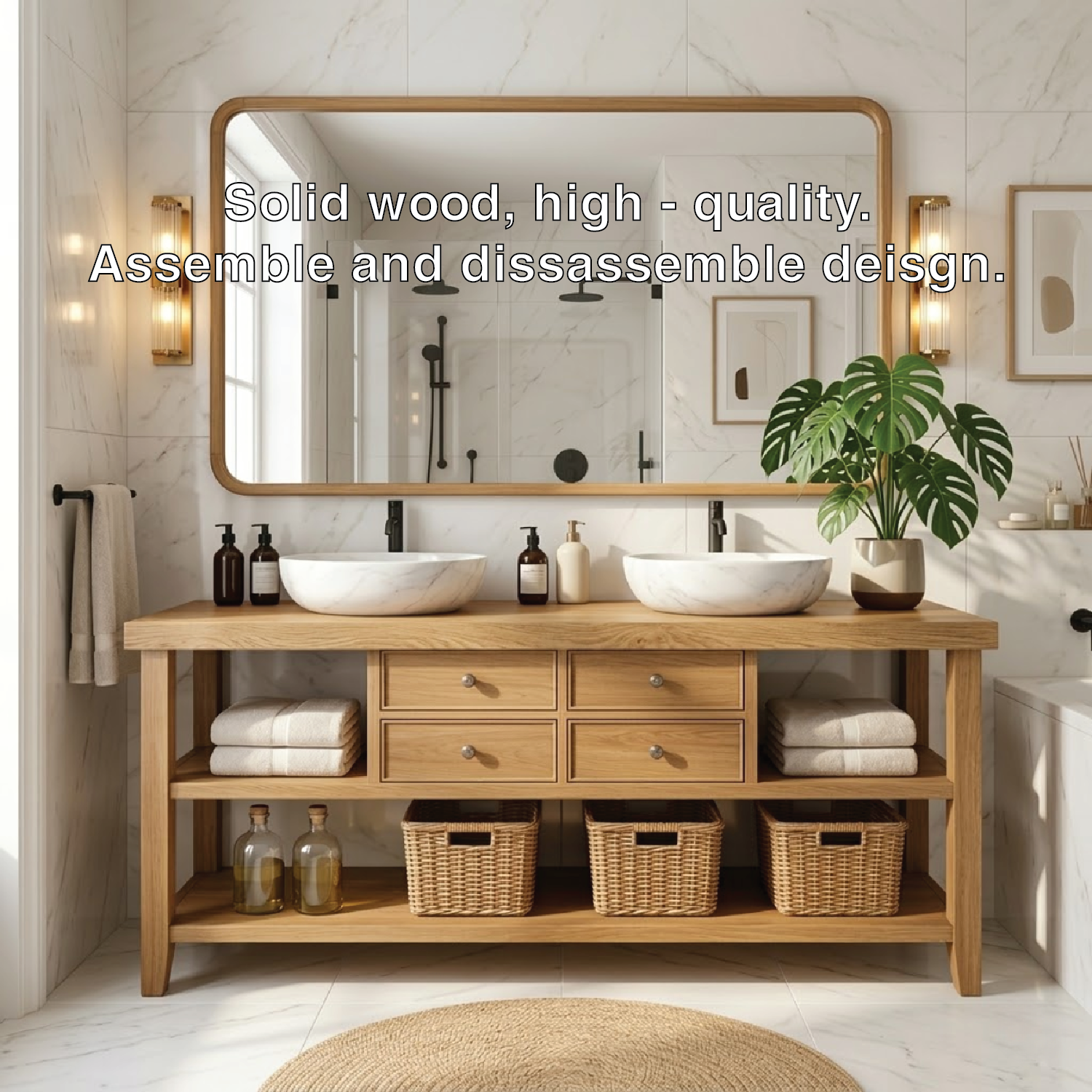 Modern Wooden Bathroom Vanity with Dual Marble Sinks and Ample Storage