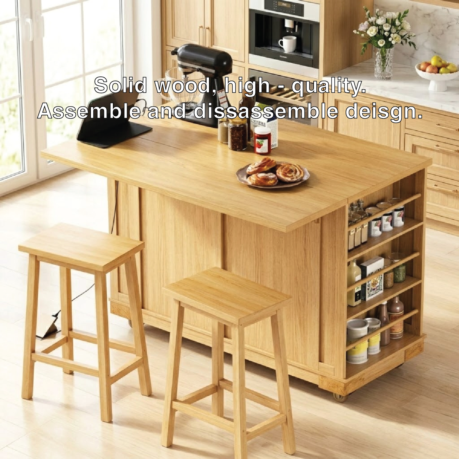 Large Kitchen Island with Side Spice Shelves, Modern Prep Table, Dining Island for Home Kitchen