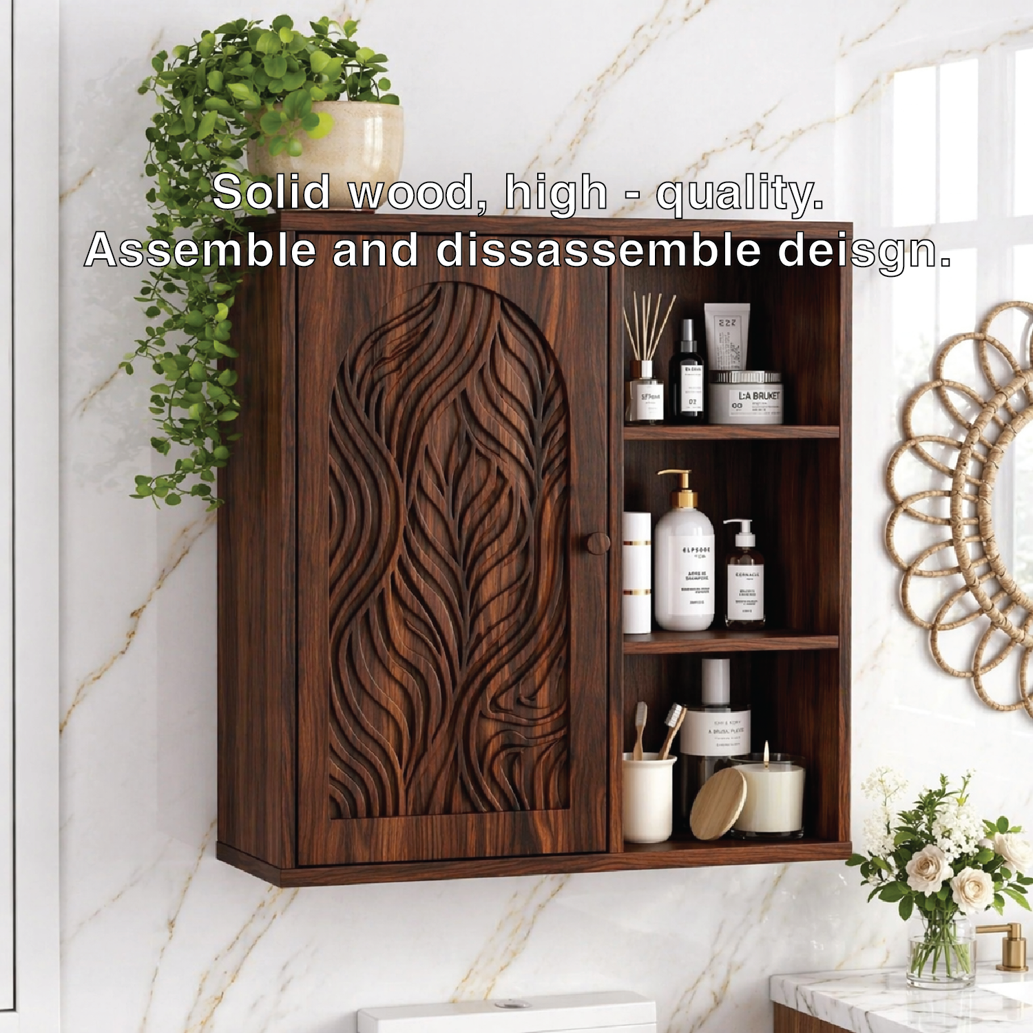 Floating Bathroom Cabinet, Modern Carved Wall Mounted Vanity Storage Organizer Unit
