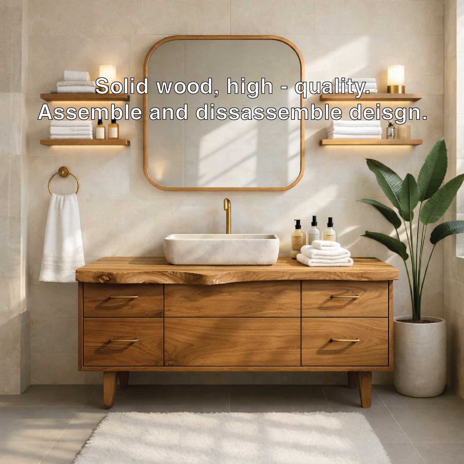 Modern Solid Wood Bathroom Vanity Cabinet With Drawers Mid-Century Style