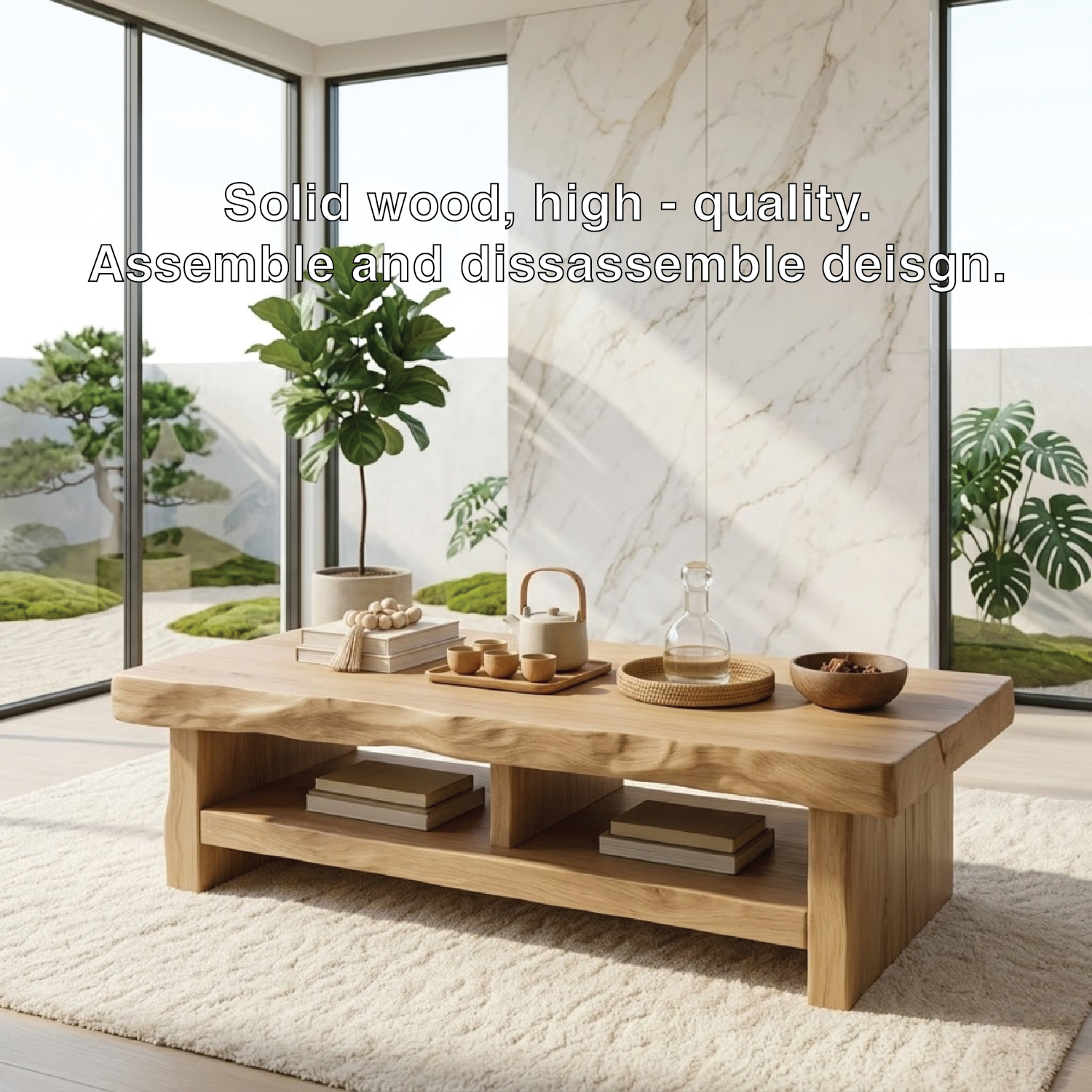 Rustic Solid Wood Coffee Table with Live Edge Top and Open Storage Shelf