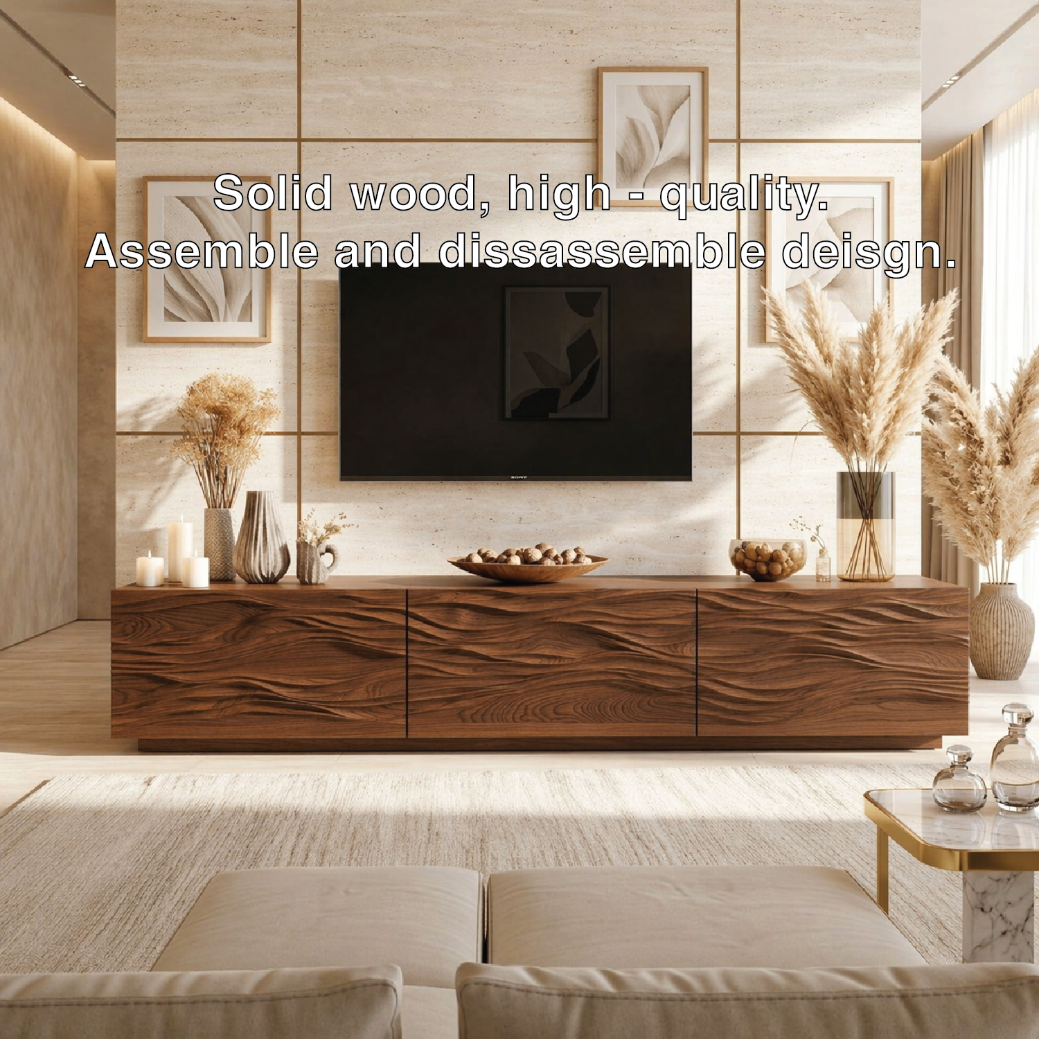 Sculptural Wave Carved TV Console, Modern Entertainment Cabinet for Refined Interiors