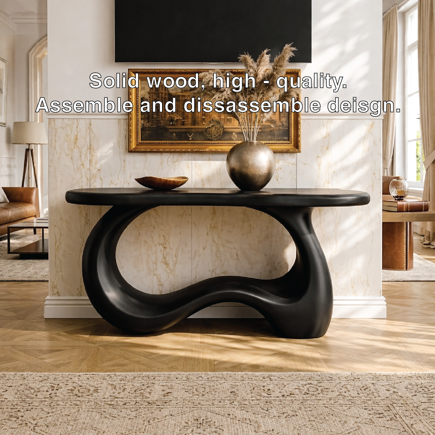 Solid Wood Console Table with Sculpted Curved Base, Modern Organic Design