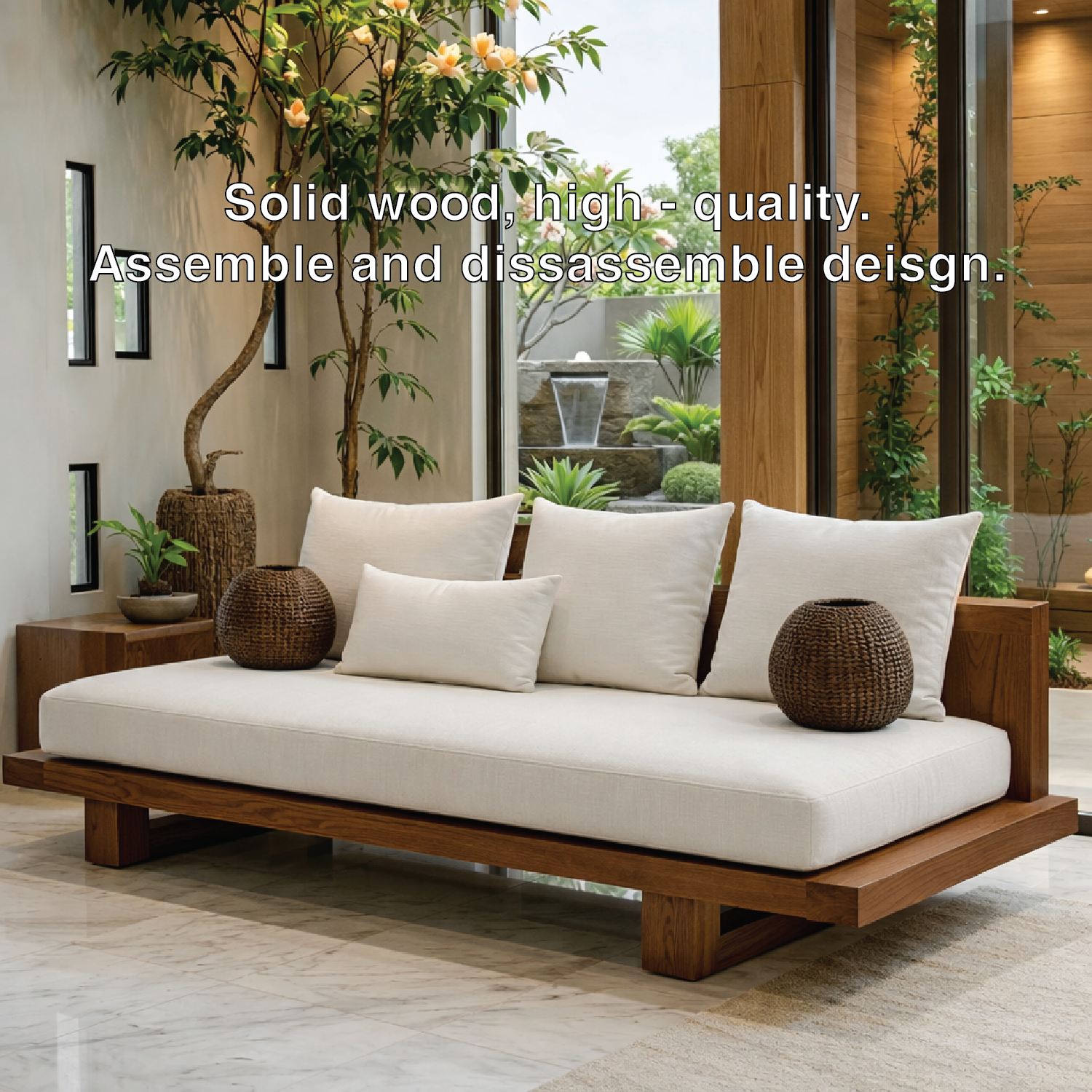 Modern Minimalist Solid Wood Daybed Sofa with White Linen Cushions Zen Style Couch