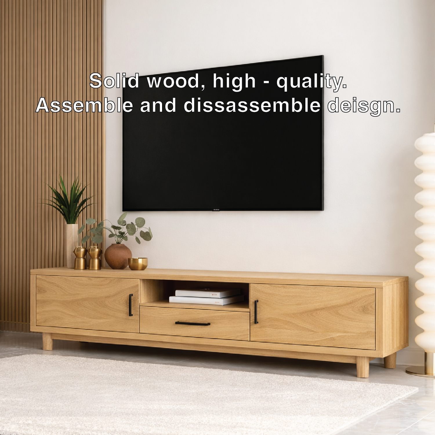 Mid Century Solid Wood TV Stand Wave Front Media Console Modern Entertainment Cabinet
