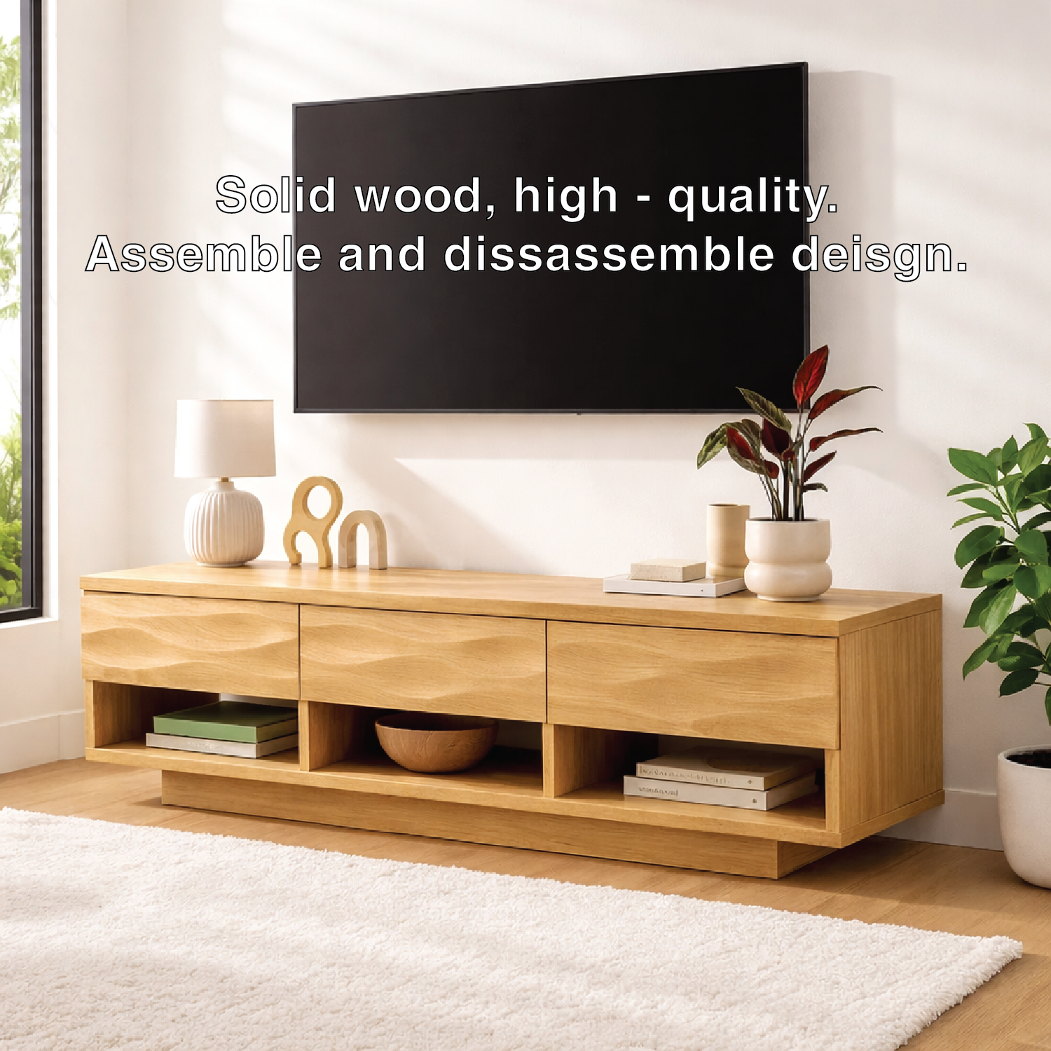 Handcrafted Solid Walnut TV Stand – Modern Wavy Drawer Media Console for Contemporary Homes