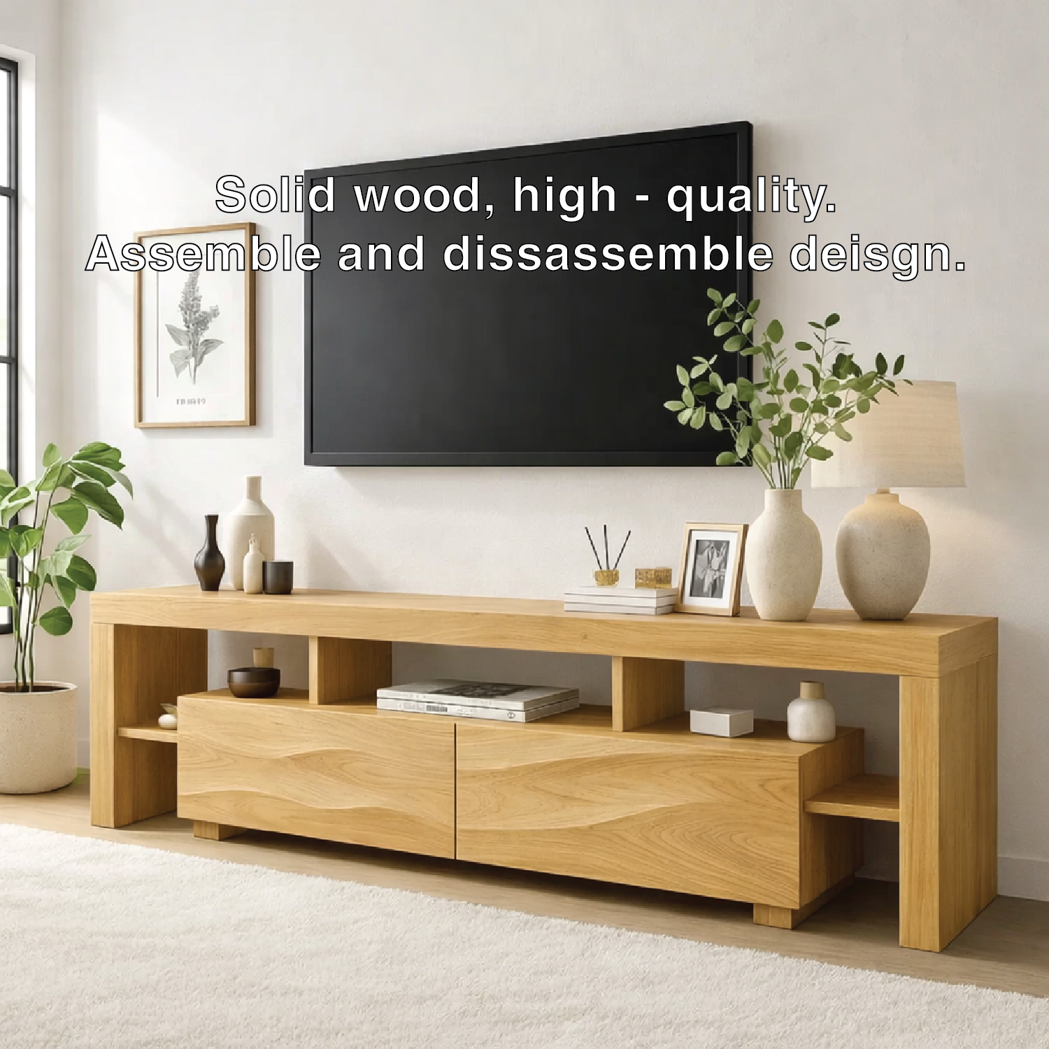 Modern Wave Front Wood TV Stand Long Media Console With Open Shelves Entertainment Center