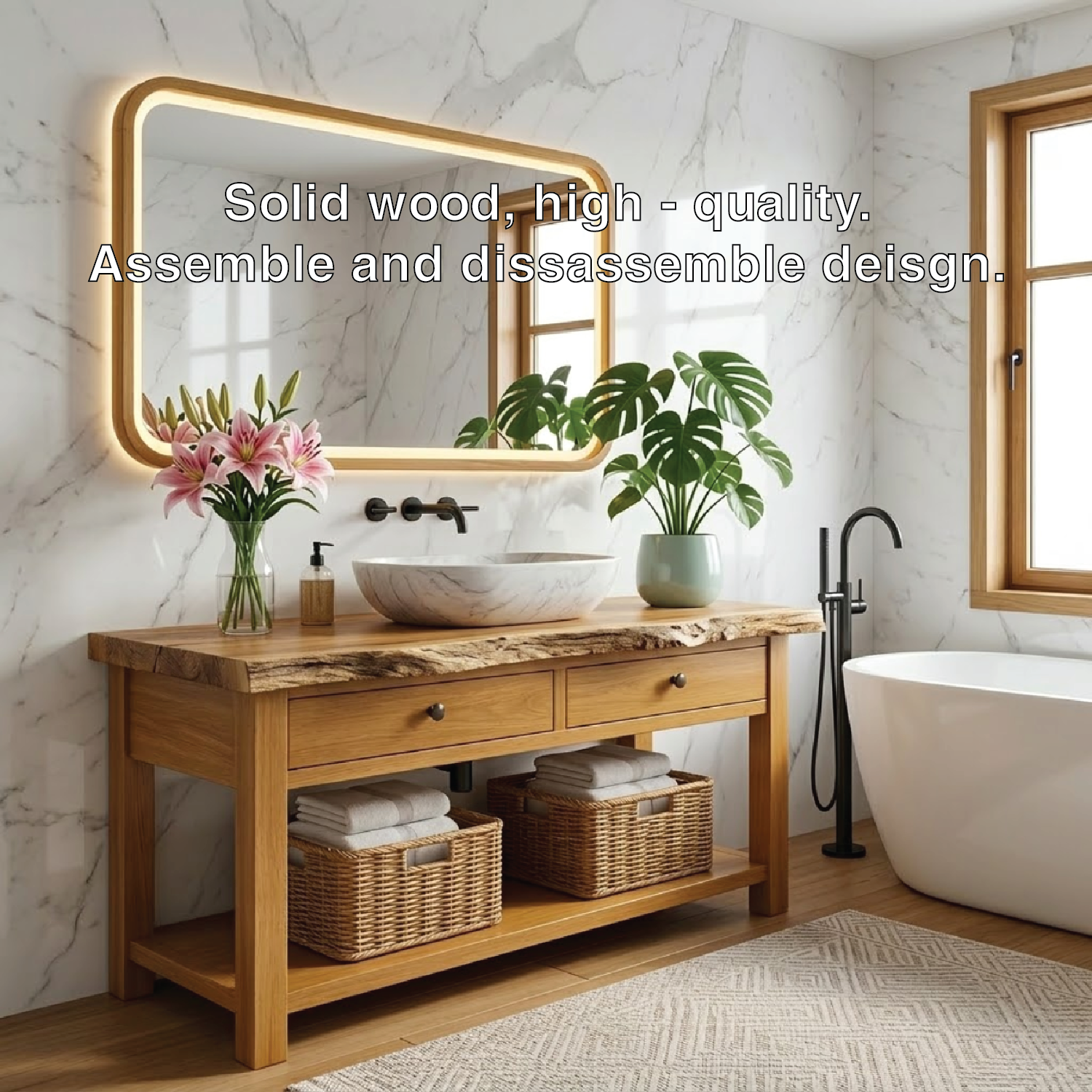 Modern Wooden Bathroom Vanity with Marble Sink and LED Mirror