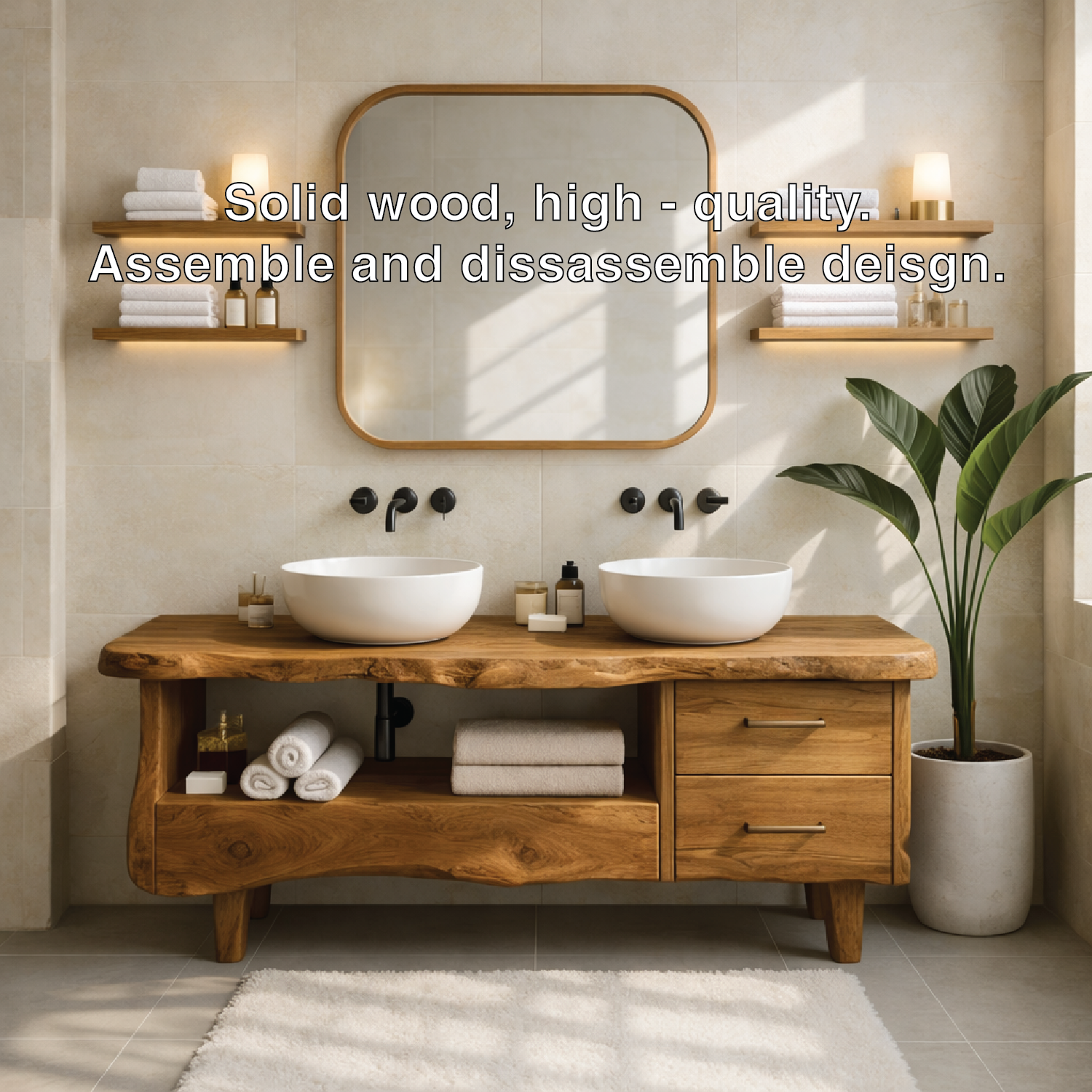 Rustic Double Bathroom Vanity Cabinet With Live Edge Wood Top And Drawers