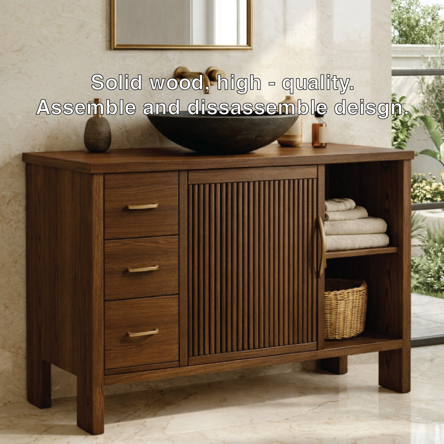 Modern Solid Wood Bathroom Vanity with Fluted Door, Drawers and Open Shelf Storage