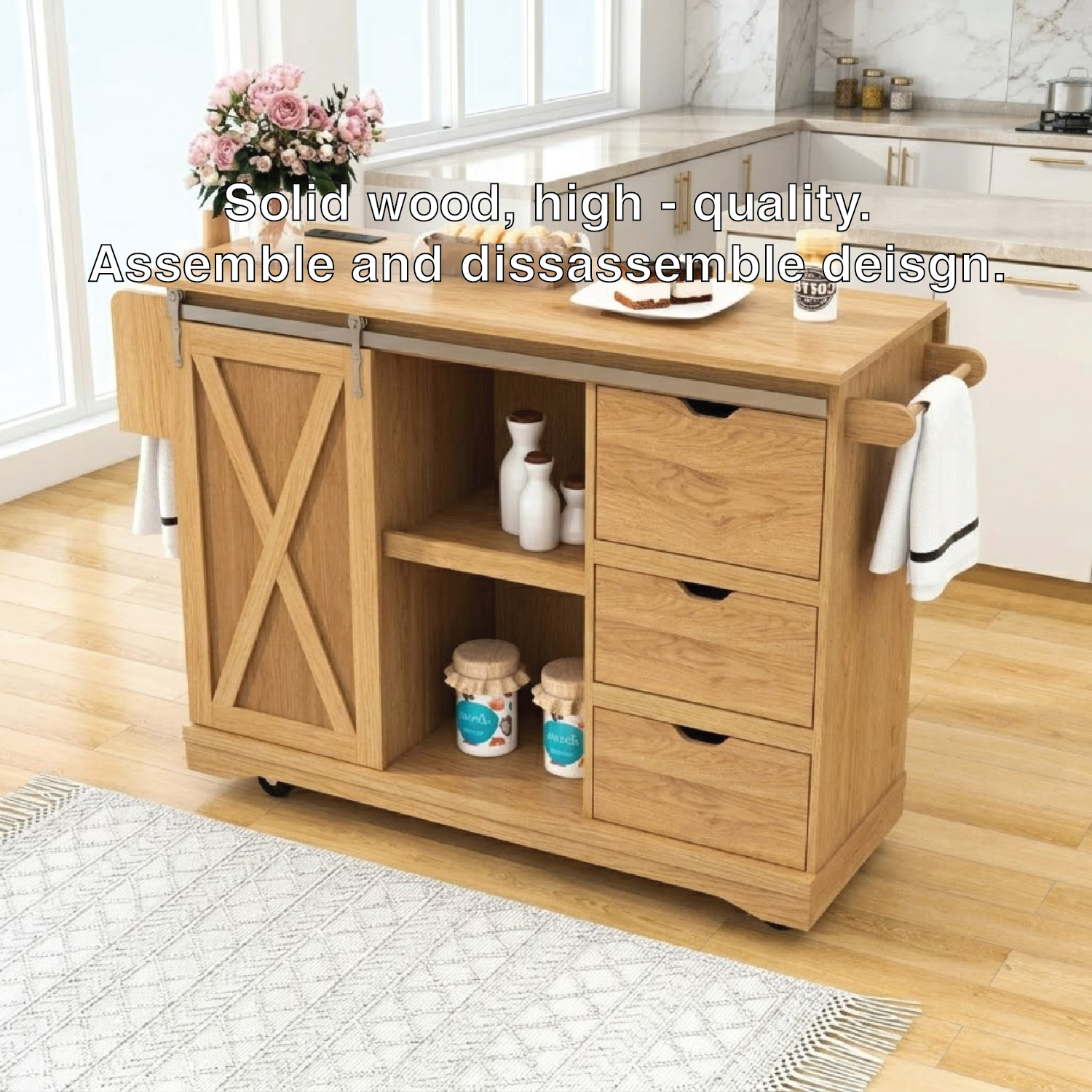 Rolling Kitchen Island with Drawers, Sliding Barn Door Storage Cart, Modern Prep Table for Kitchen