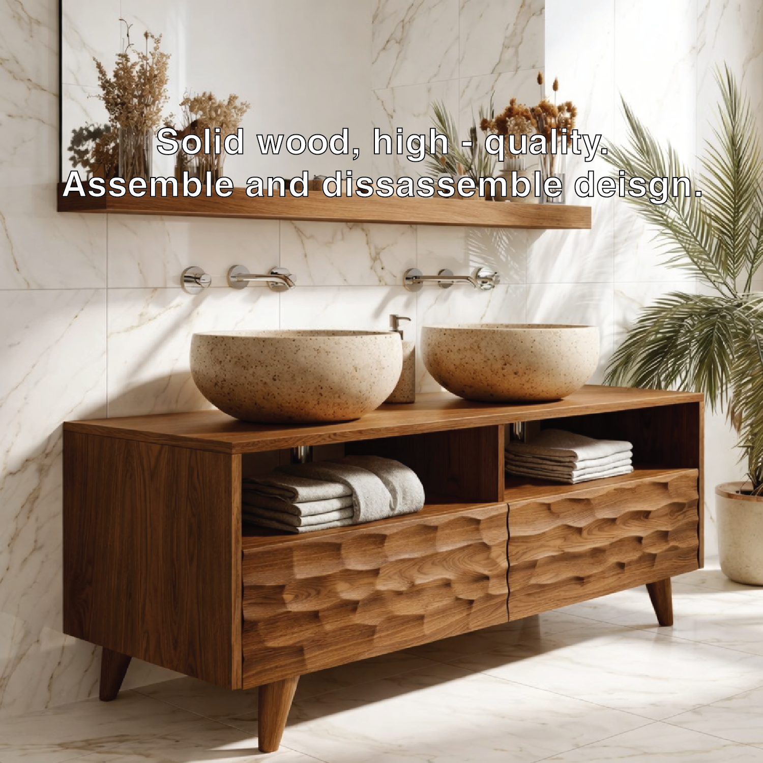 Modern Solid Wood Double Bathroom Vanity with Open Storage and Textured Drawers
