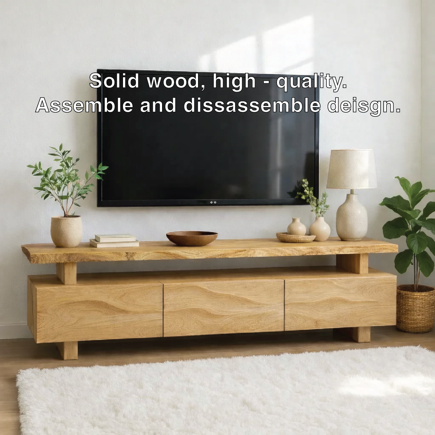 Modern Wave Front Wood TV Stand Long Media Console Low Profile Entertainment Center