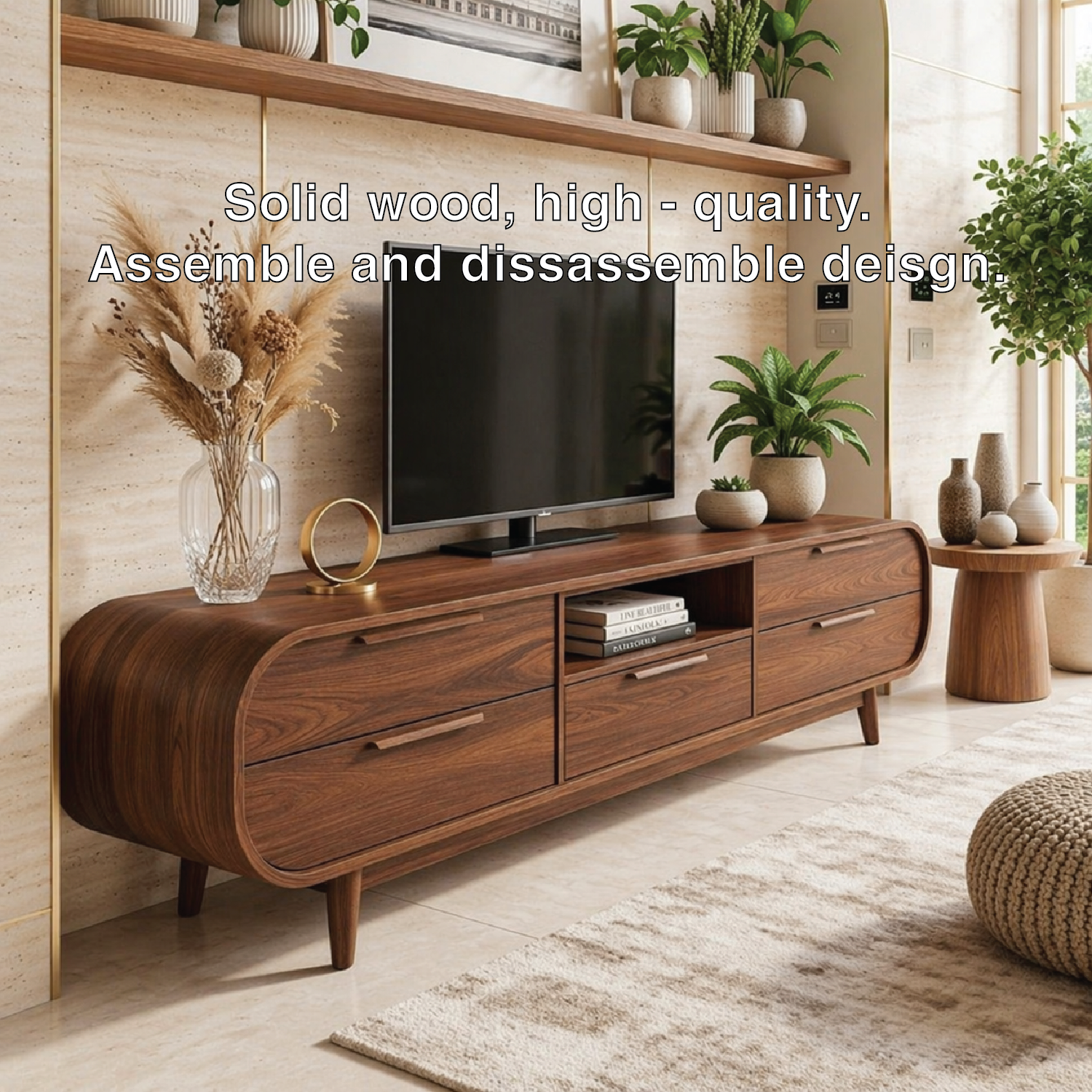 Modern Curved TV Stand, Minimalist Media Console, Storage Cabinet