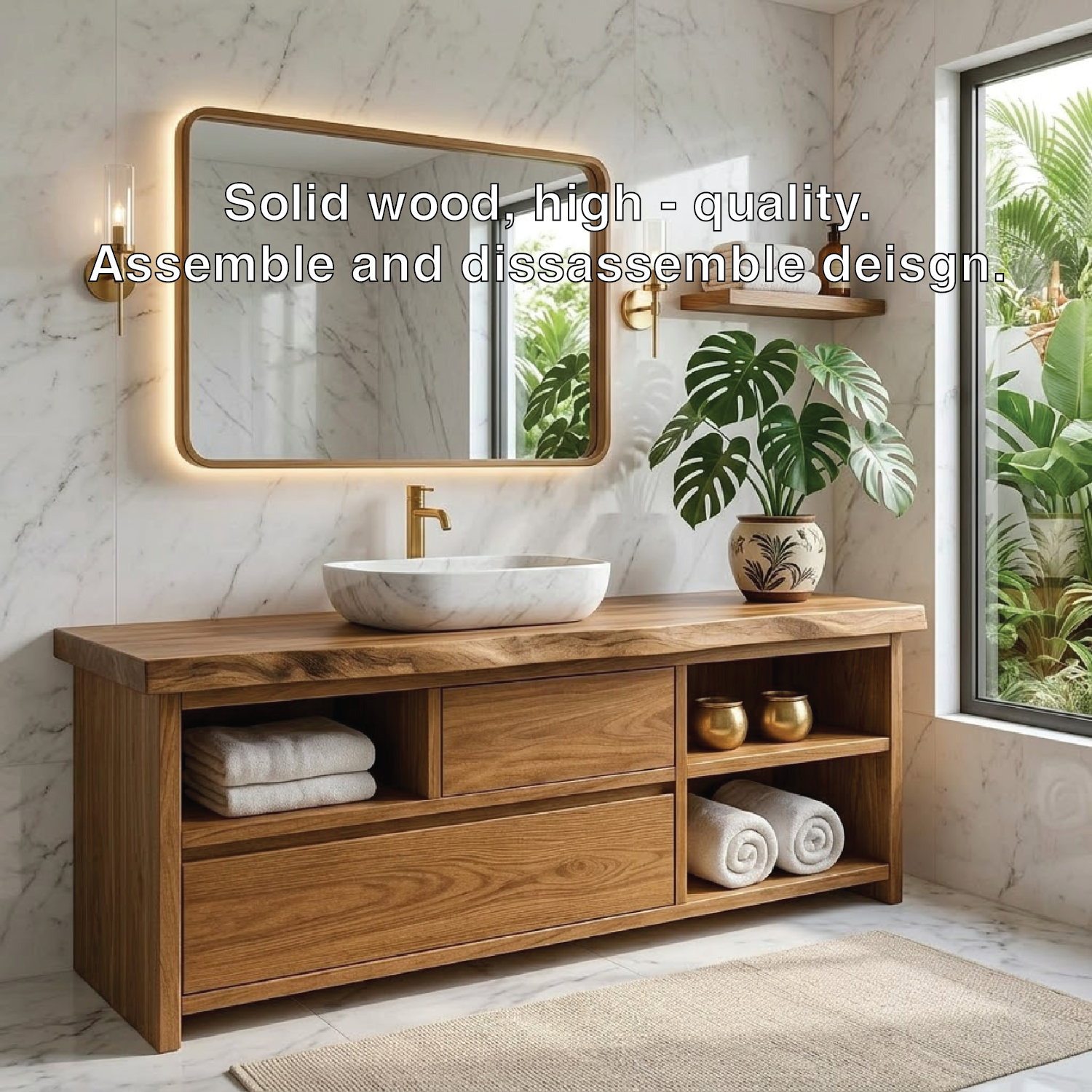 Elegant Wooden Bathroom Vanity with Marble Sink and LED Mirror