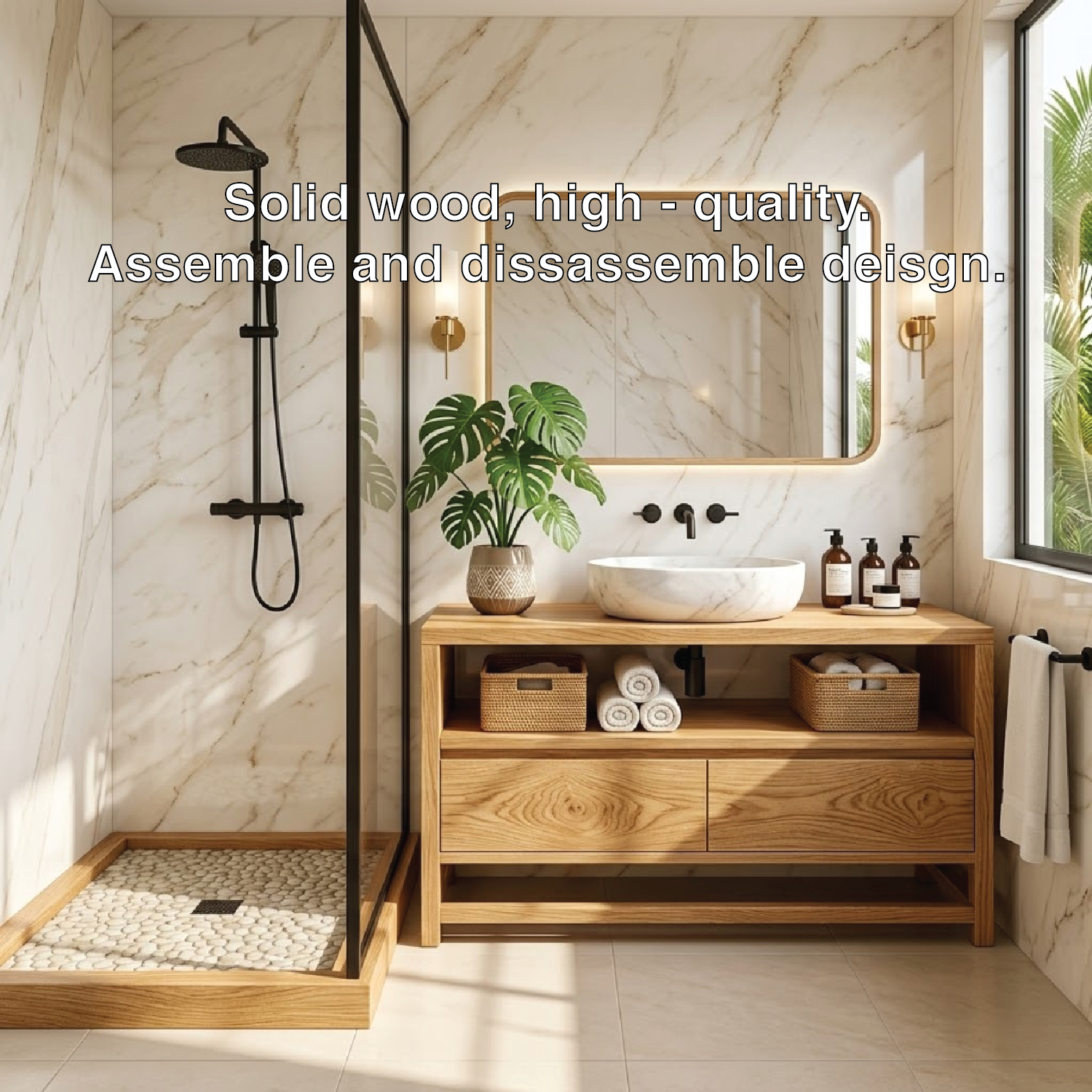 Modern Oak Bathroom Vanity with Marble Sink and LED Mirror