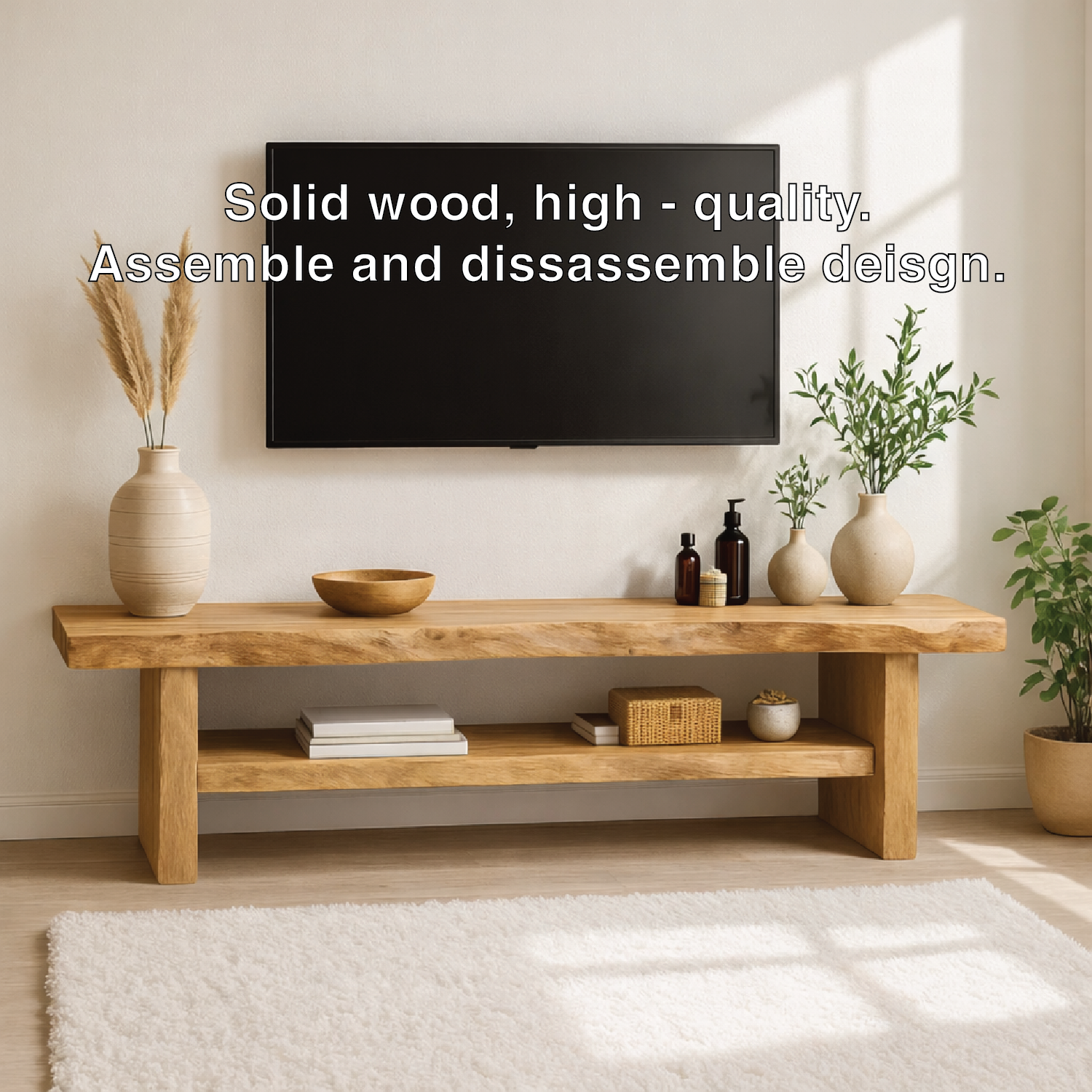 Rustic Solid Wood TV Stand Long Live Edge Media Console Natural Entertainment Unit