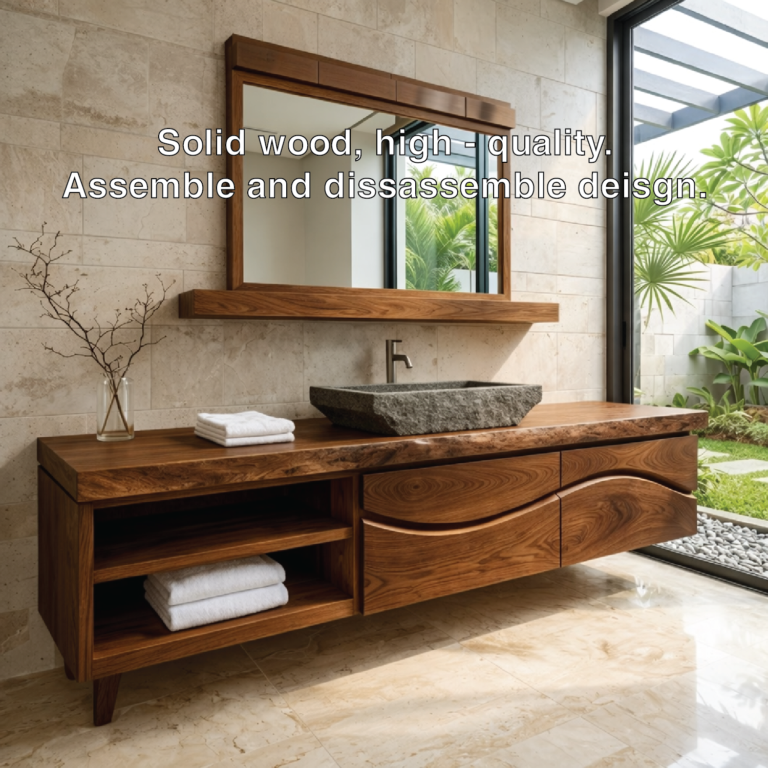 Handcrafted Solid-Wood Floating Bathroom Vanity with Stone Vessel Sink and Mirror
