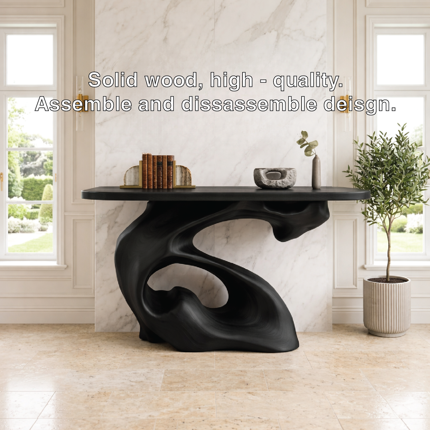 Solid Wood Console Table with Sculpted Organic Base, Artistic Modern Design